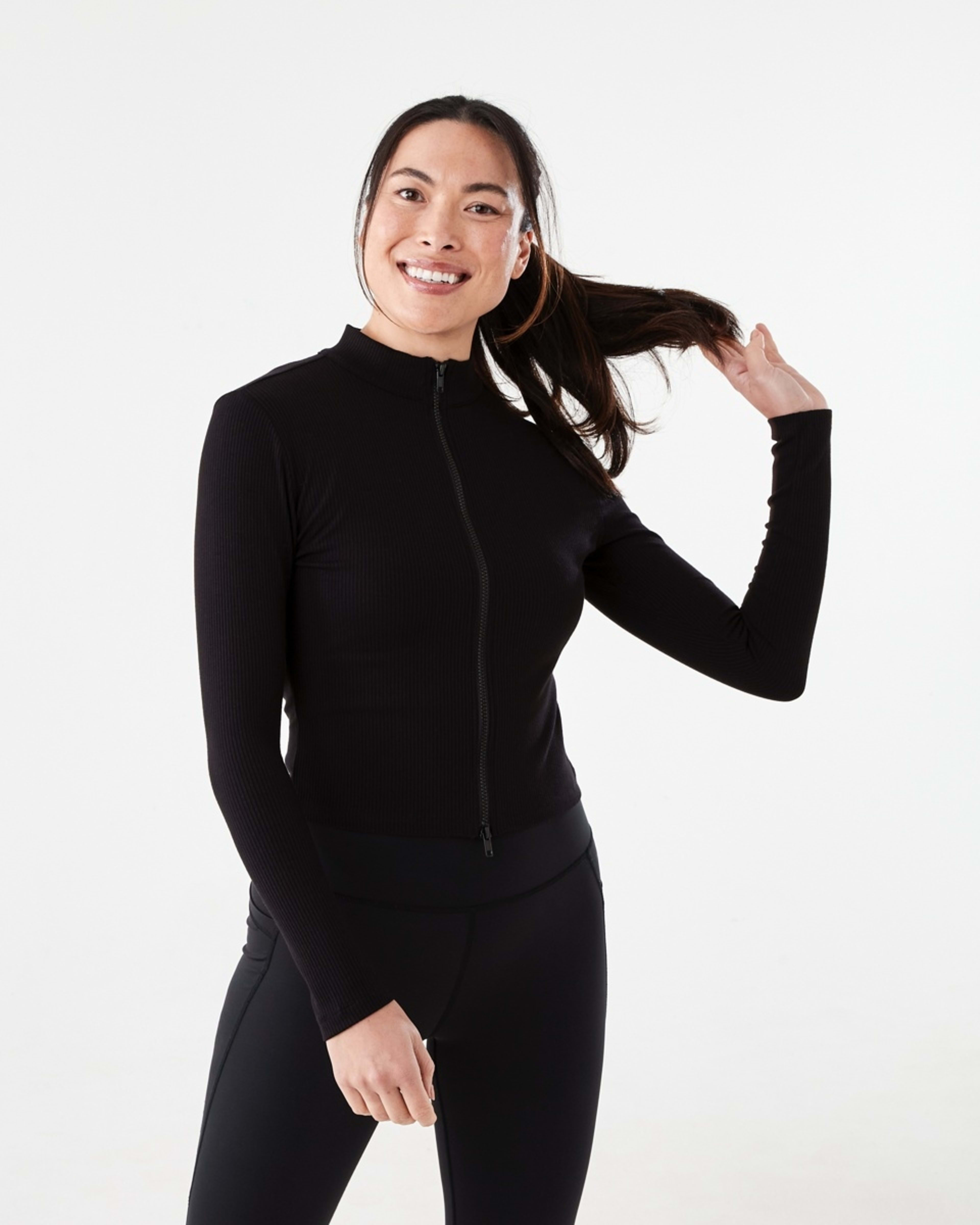 2 Active Womens Ribbed Zip Through Long Sleeve Top Black, 2 of 7