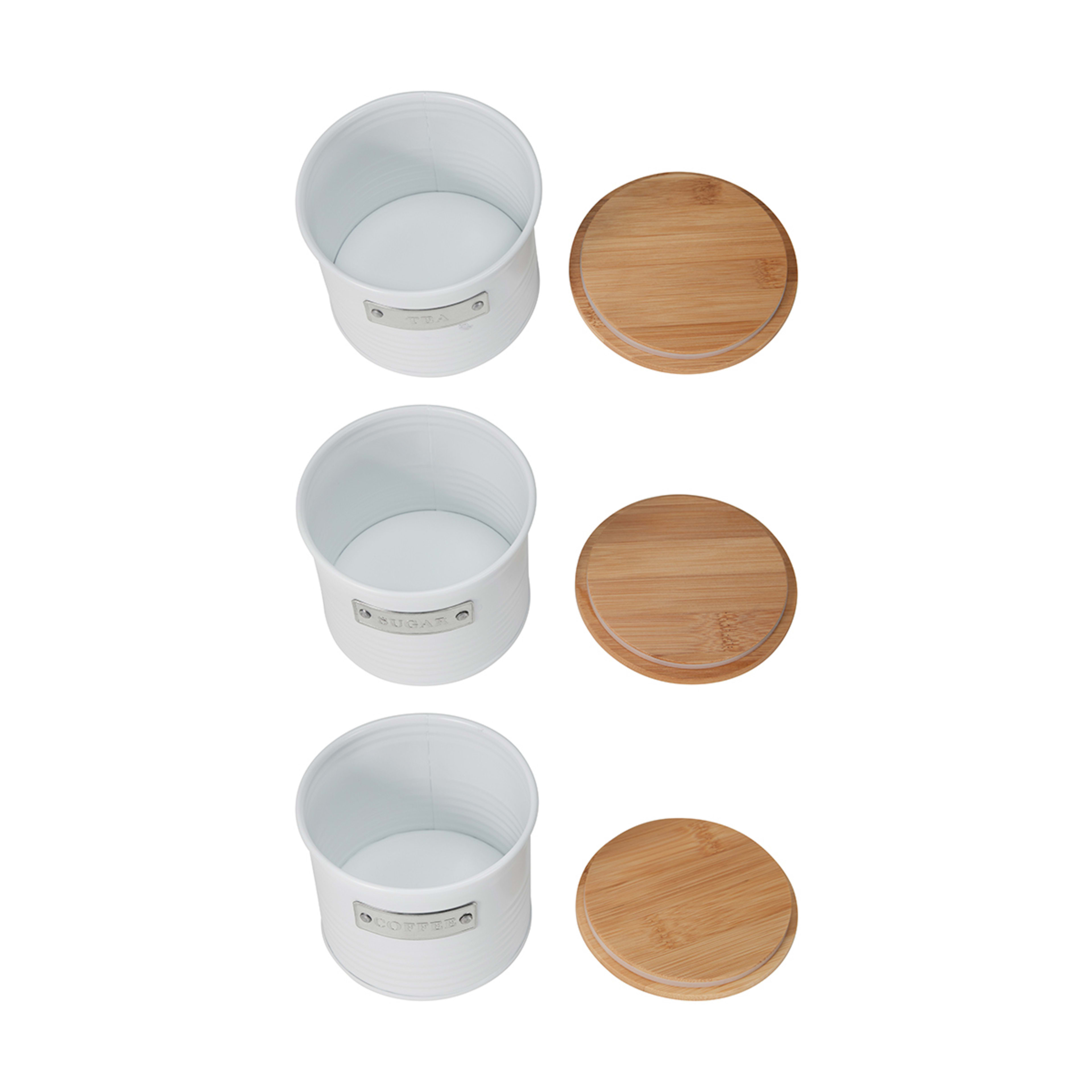 3 White Tin Canisters with Bamboo Lids Kmart
