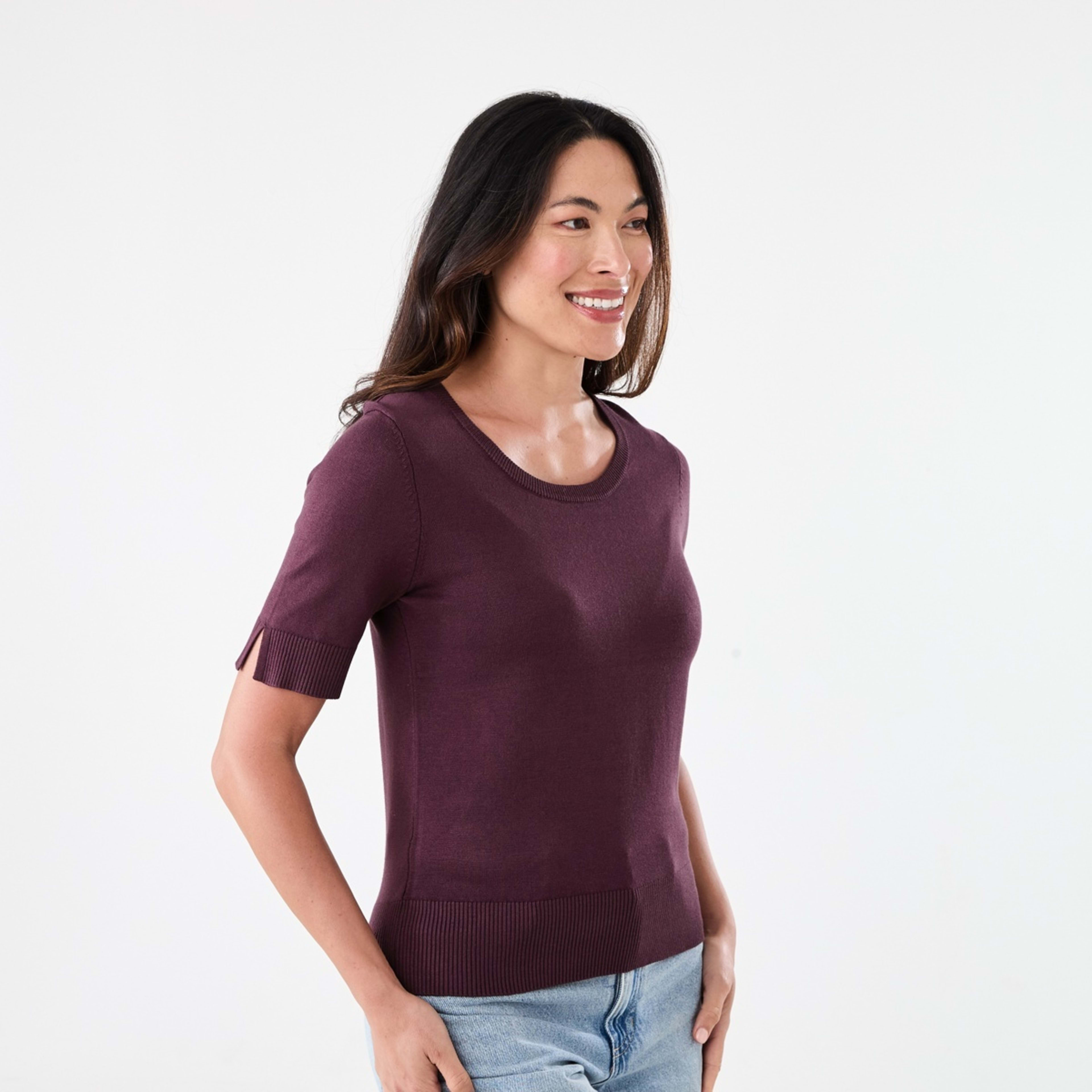 2 Short Elbow Sleeve Crew Neck Top Mulberry, 2 of 6