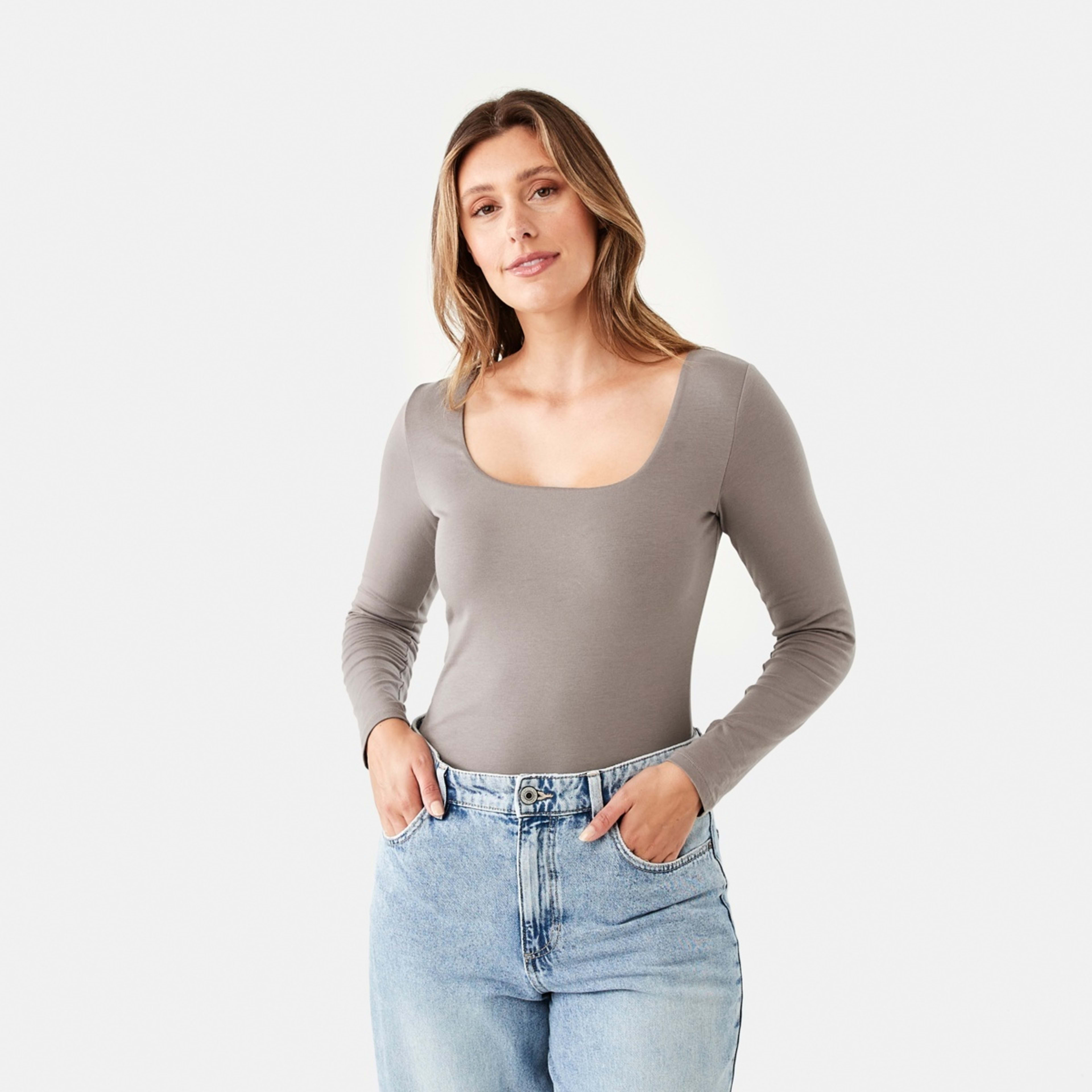 2 Long Sleeve Square Neck Top Deep Taupe, 2 of 7