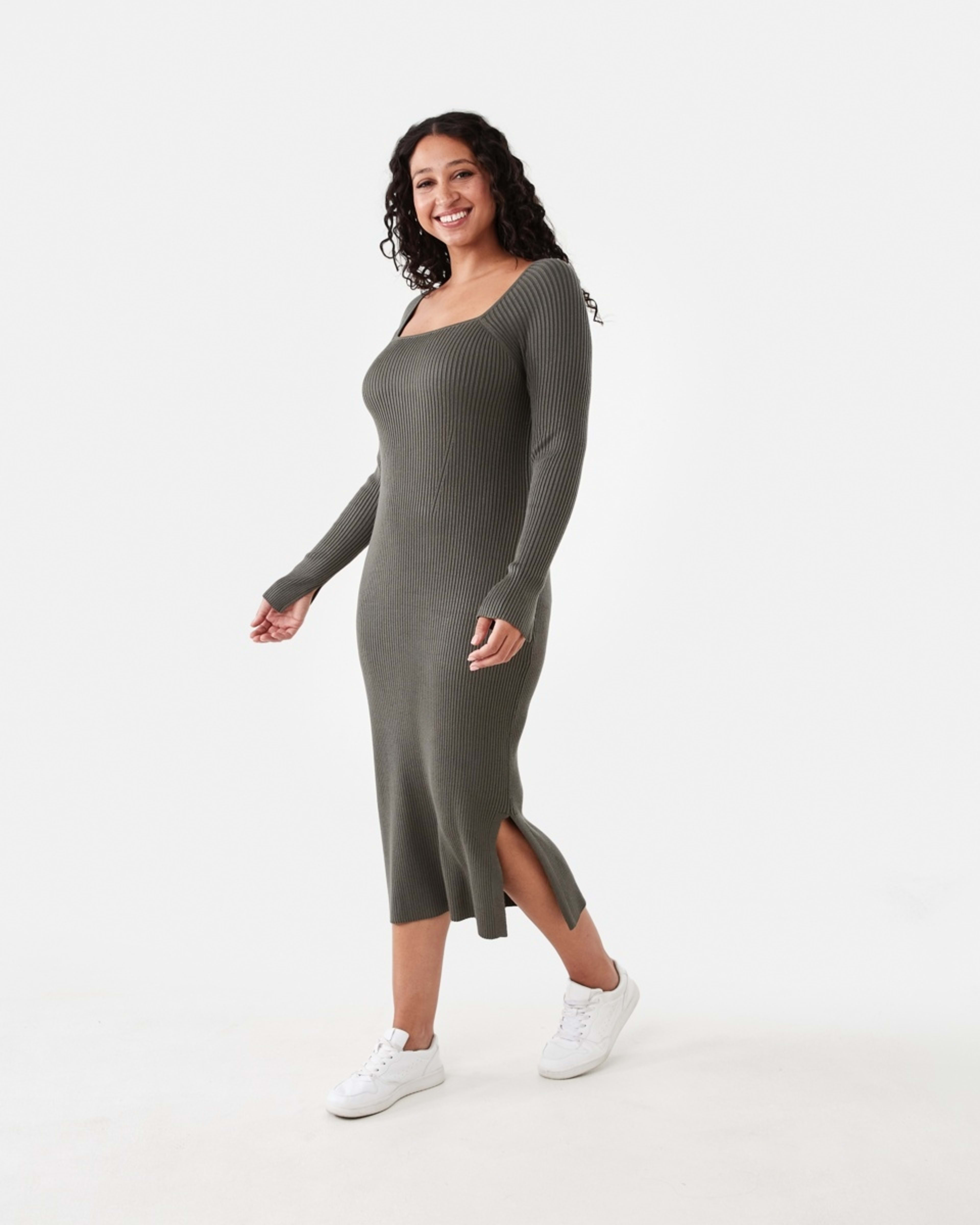 2 Long Sleeve Square Neck Knit Midi Dress Grn Olive, 2 of 6
