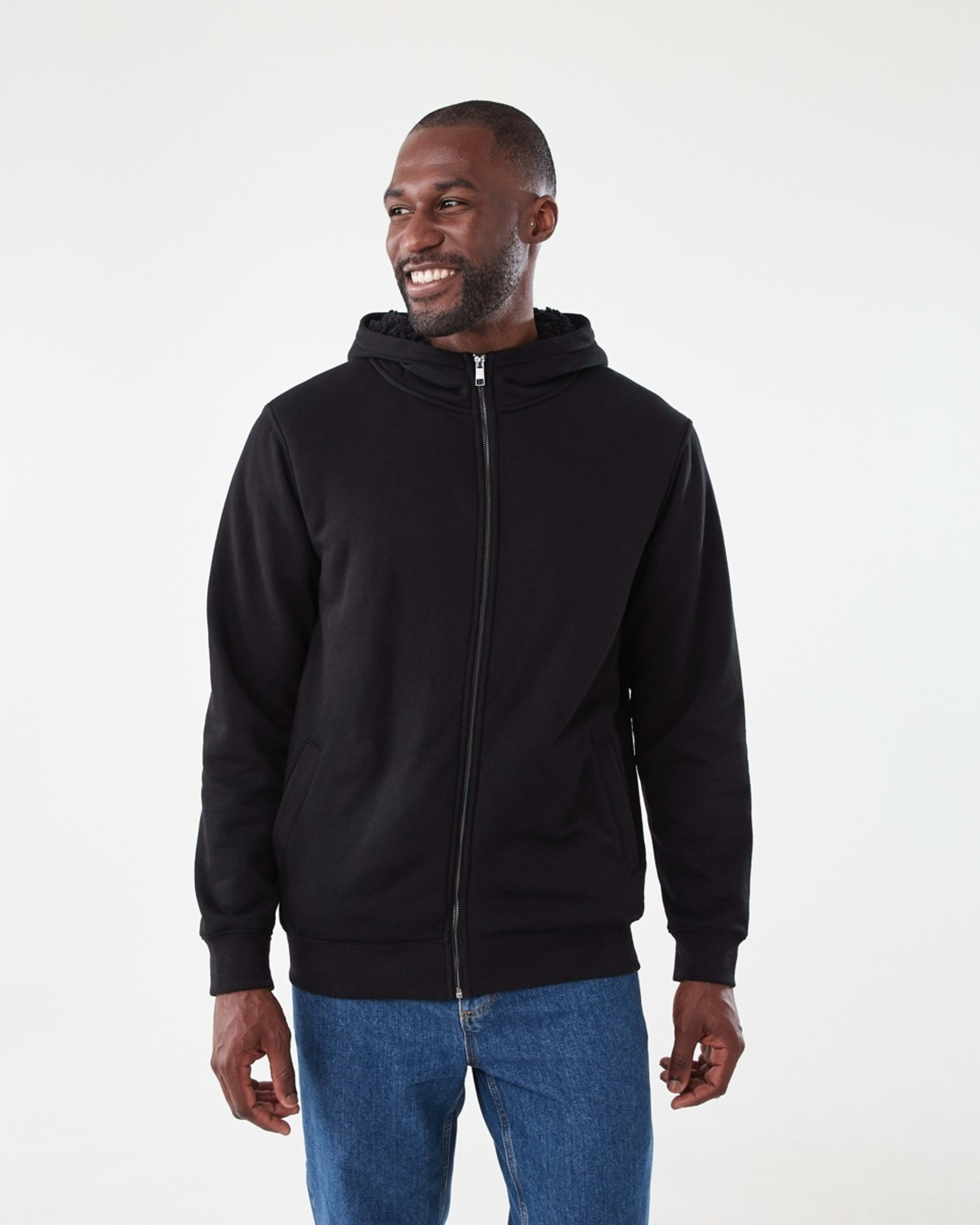 2 Sherpa Lined Zip Through Hoodie Black, 2 of 7