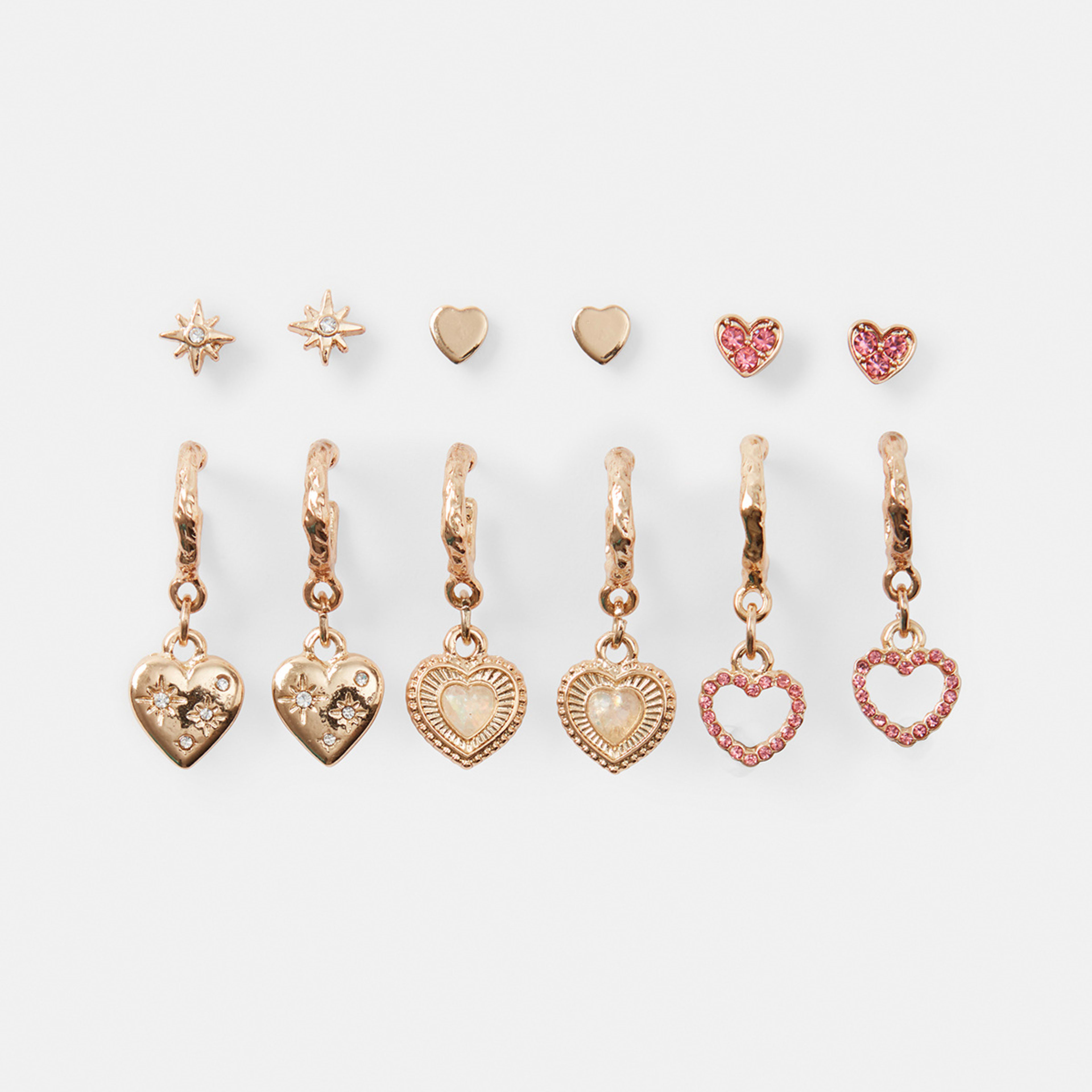 1 6 Pack Diamante Heart Hoop Earrings - Gold Tone Gold, 1 of 5