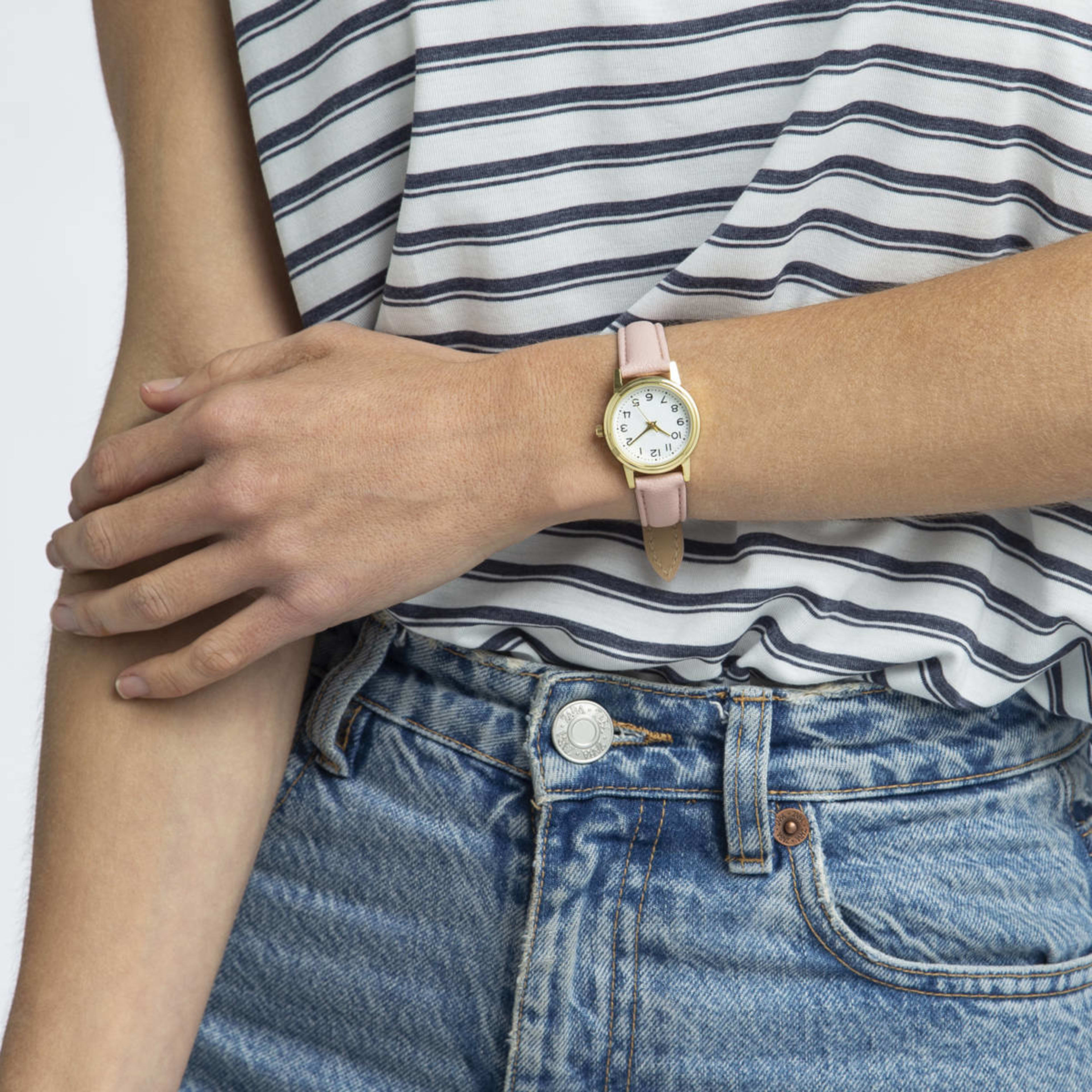 4 Womens Analogue Watch with Gold Case & Peach Strap, 4 of 6