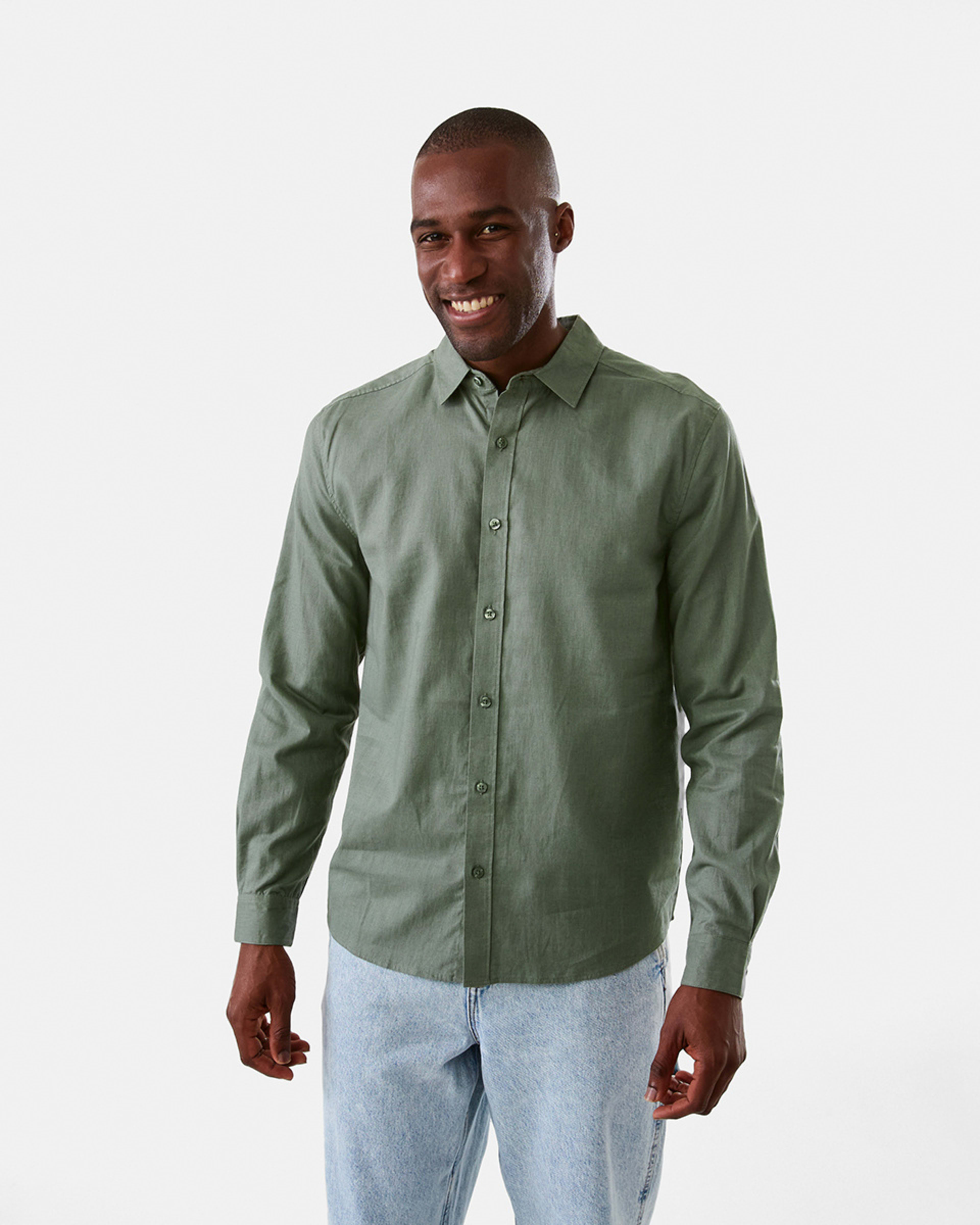 1 Long Sleeve Solid Linen Blend Shirt Grn Laurel, 1 of 8