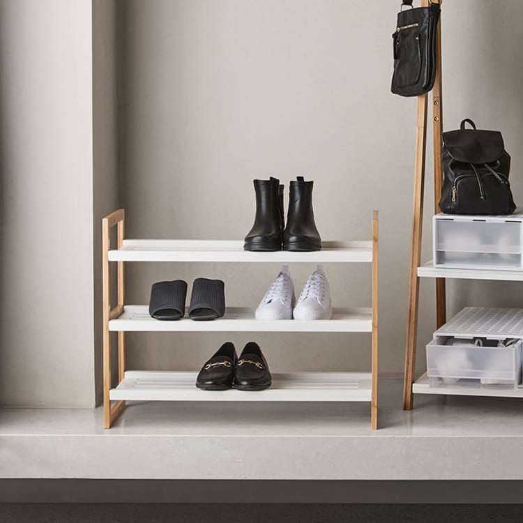3 Tier Stackable Bamboo Shoe Rack with White Shelves Kmart