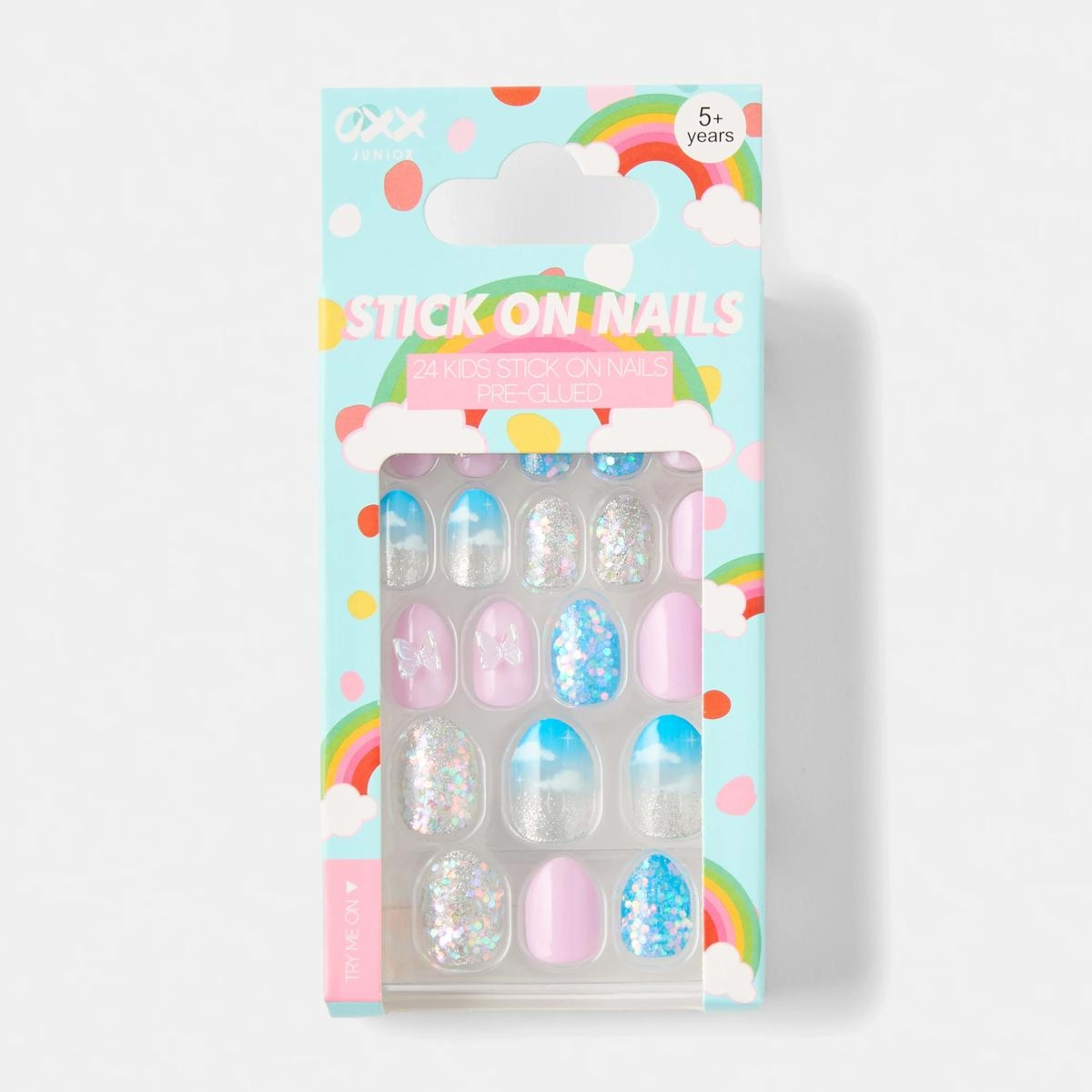 1 OXX Junior 24 Pack Kids Pre-Glued Stick-On Nails - Chunky Glitter and 3D Butterfly
