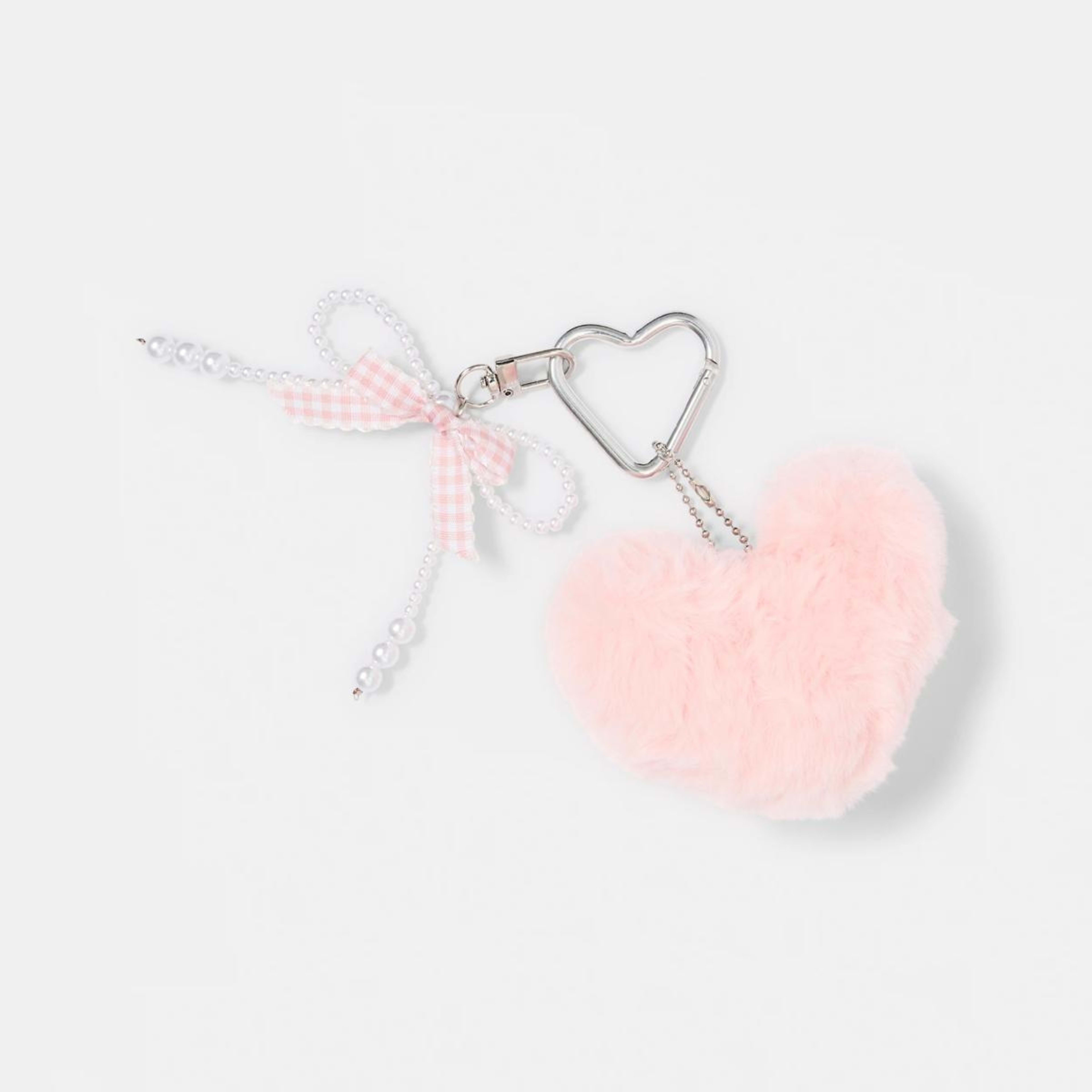 1 Fluffy Heart Charm Keyring - Silver Tone, White and Pink