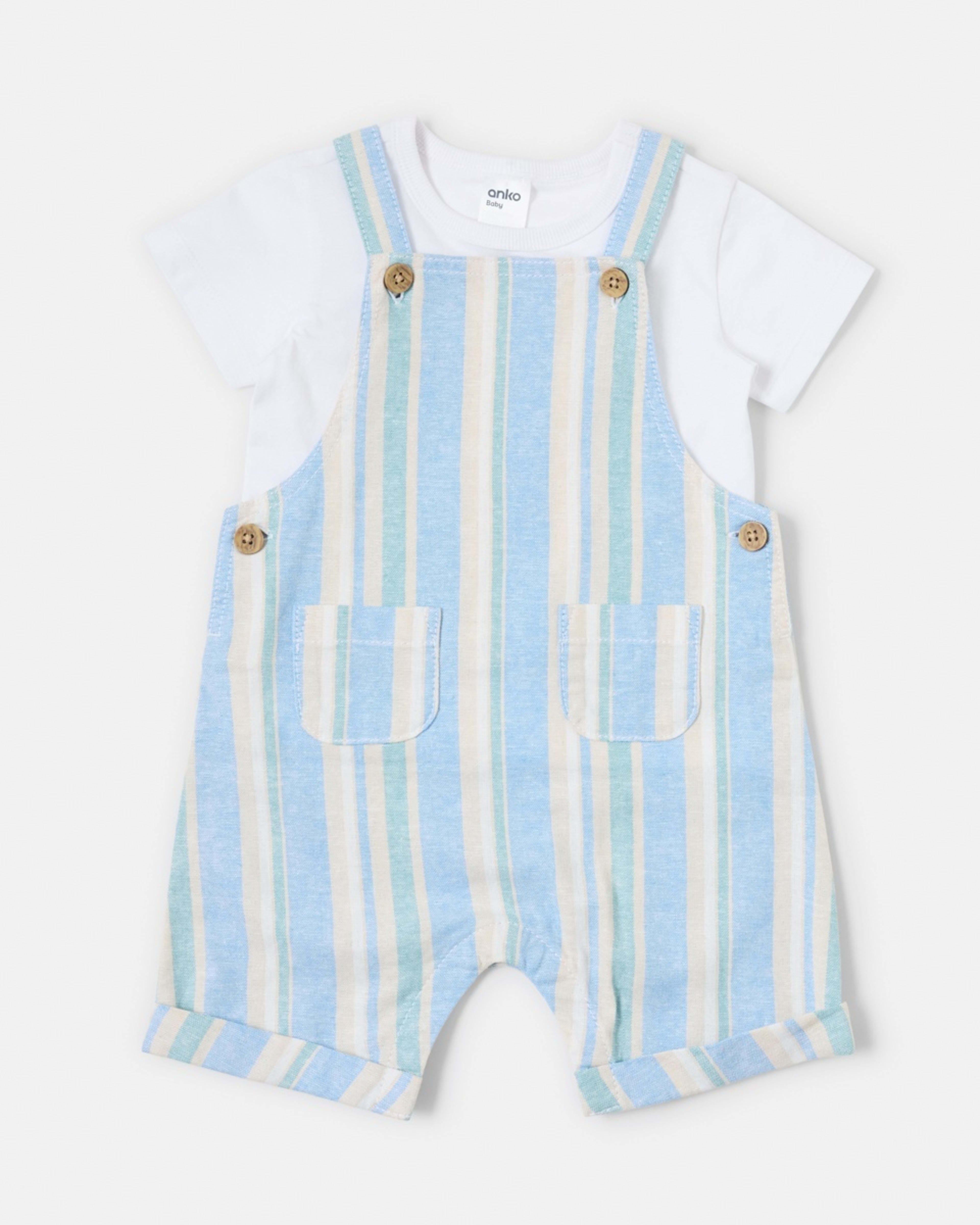 1 Woven Dungaree Set Blue Strp