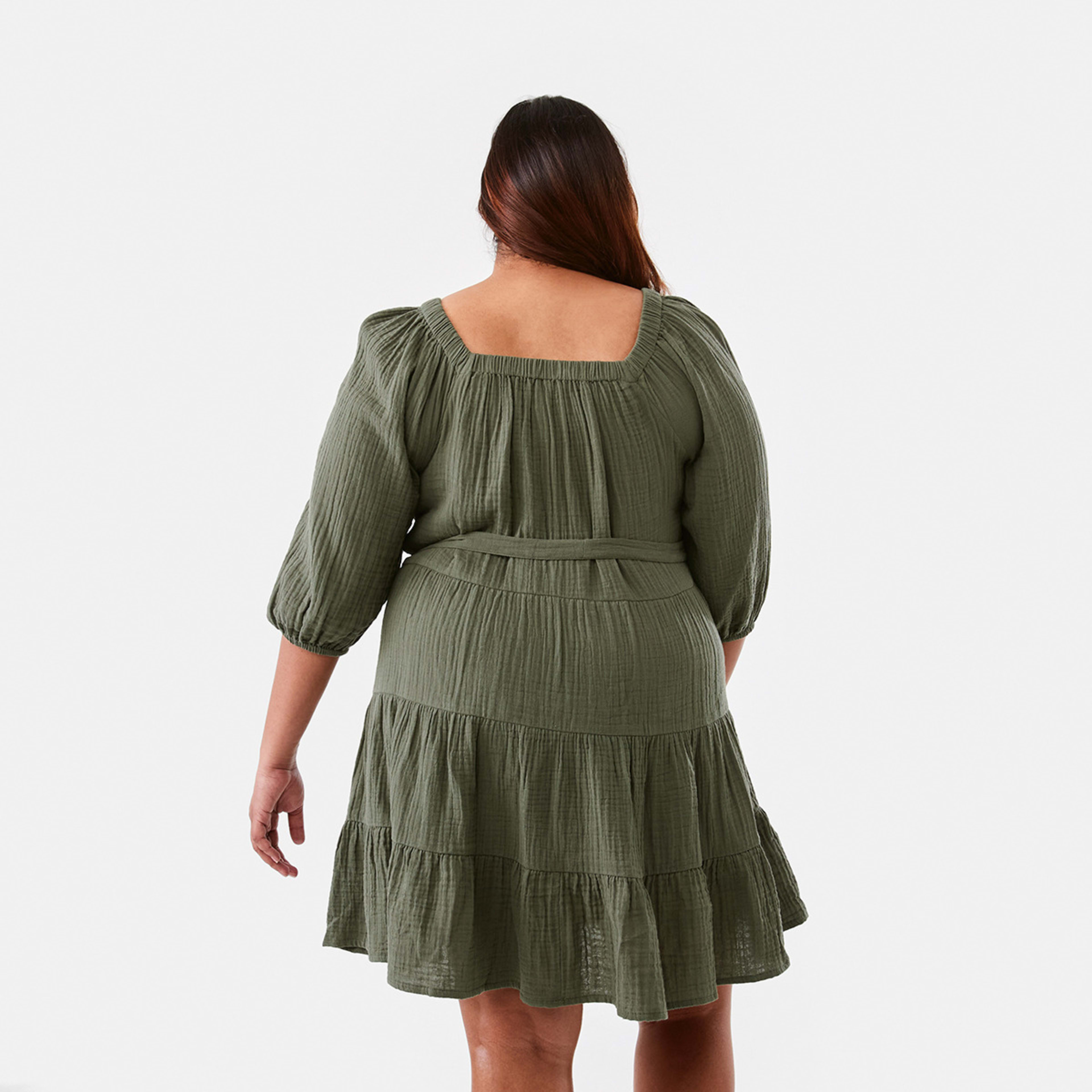 3 Curve Short Sleeve Textured Tiered Mini Dress Olive Leaf, 3 of 8