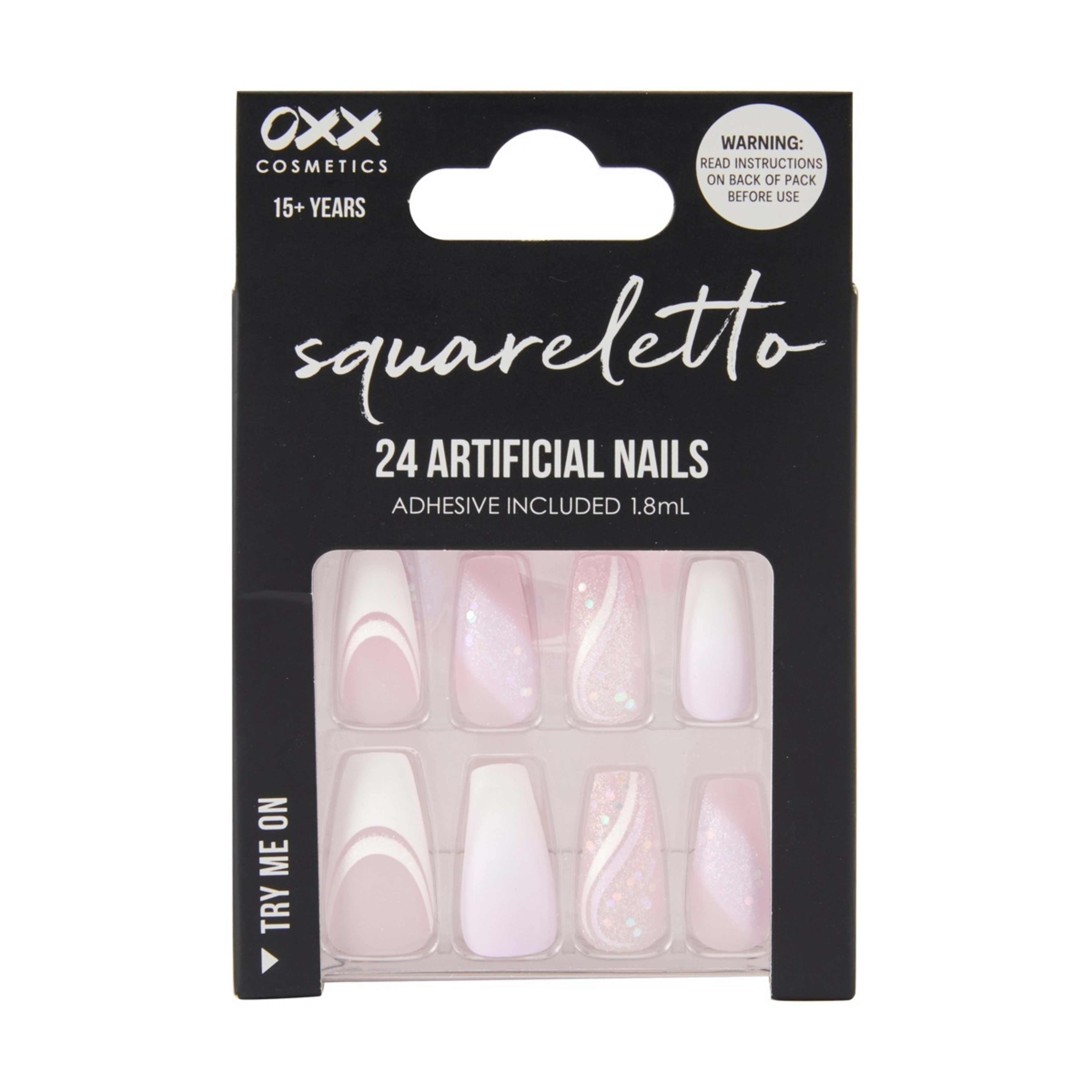 1 OXX Cosmetics 24 Pack Artificial Nails with Adhesive - Squareletto Shape, Pink Glitter
