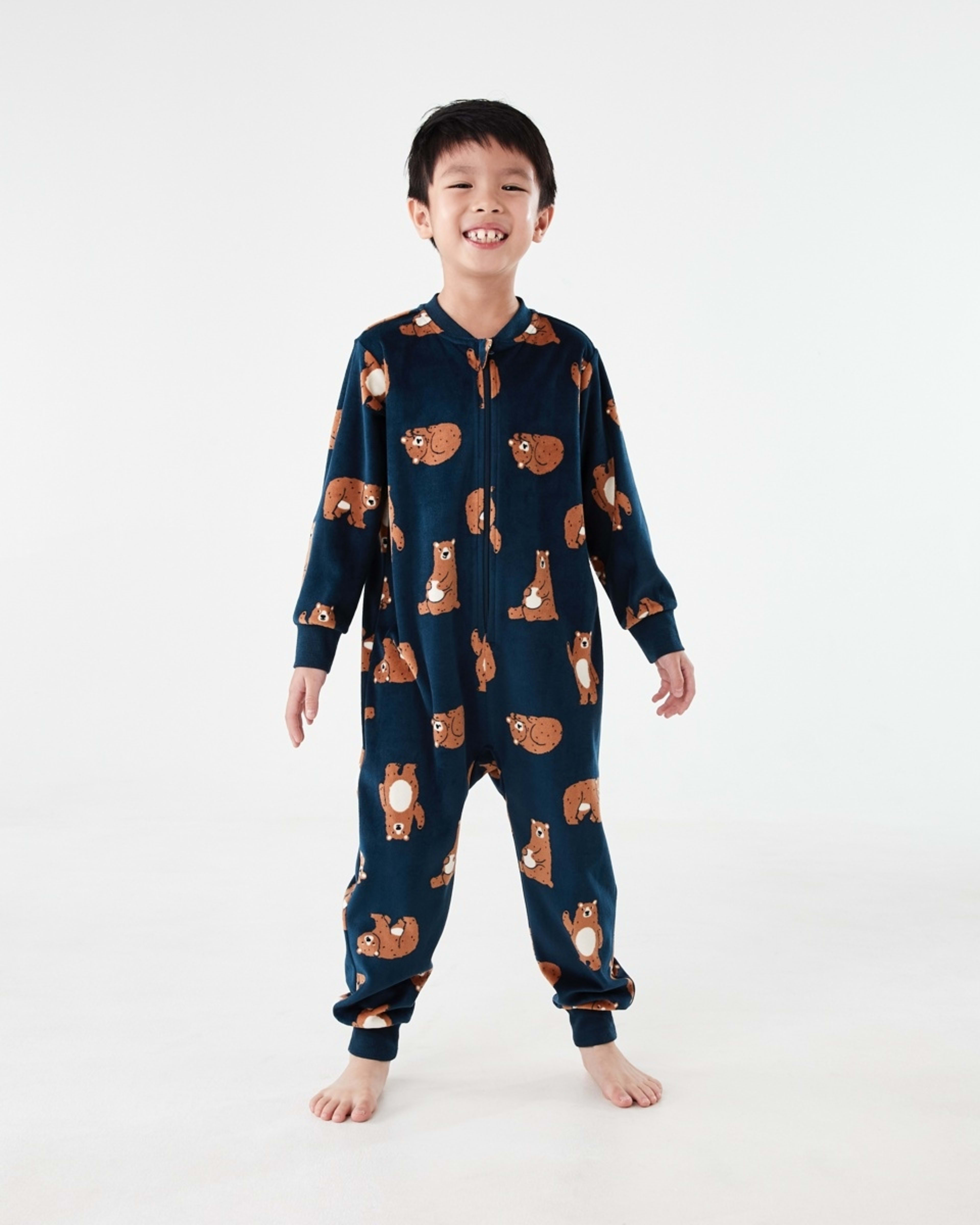 1 Fleece All-In-One Sleepsuit Navy Dino Linework, 1 of 9