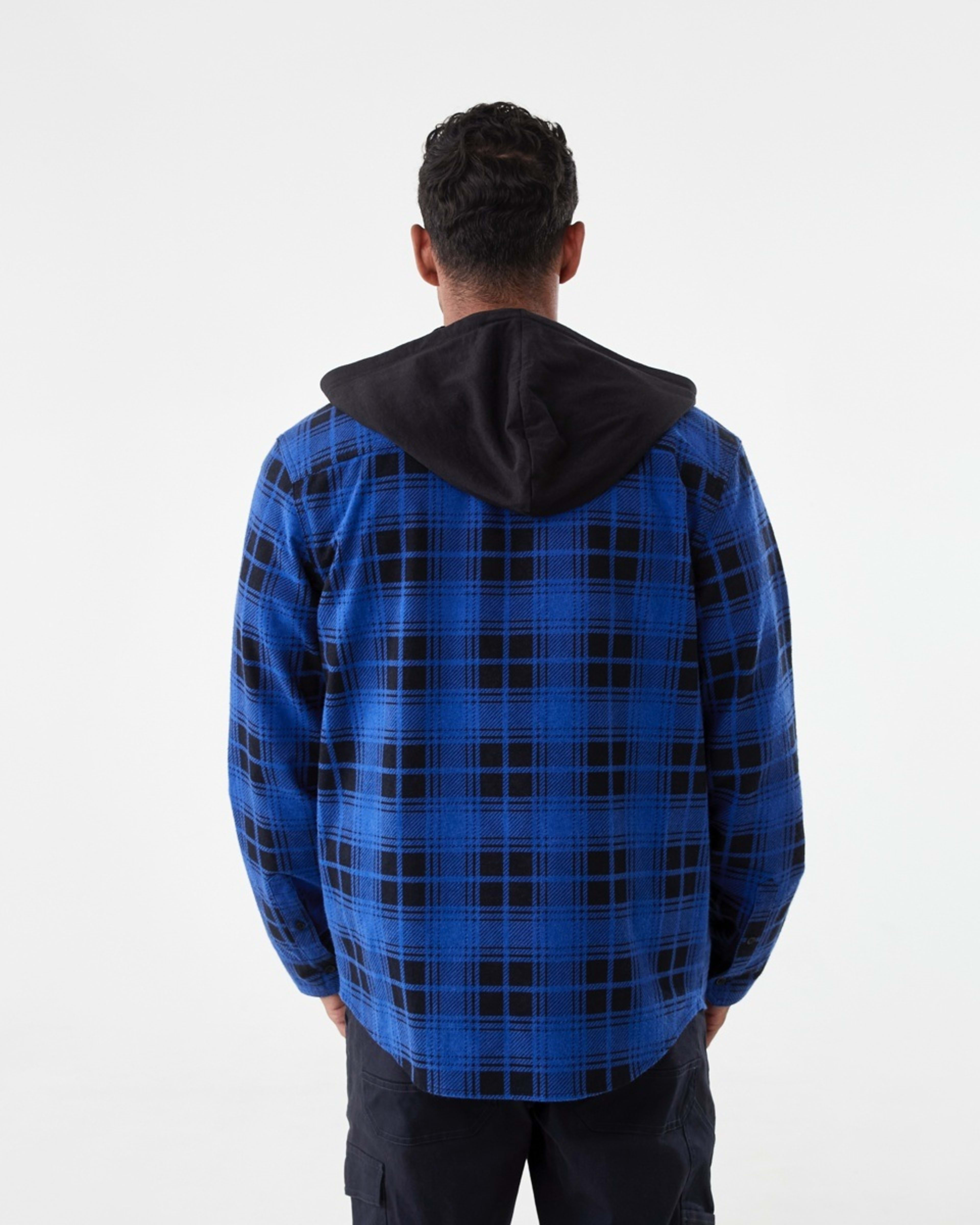 4 Workwear Long Sleeve Hooded Shirt Blu Check, 4 of 7