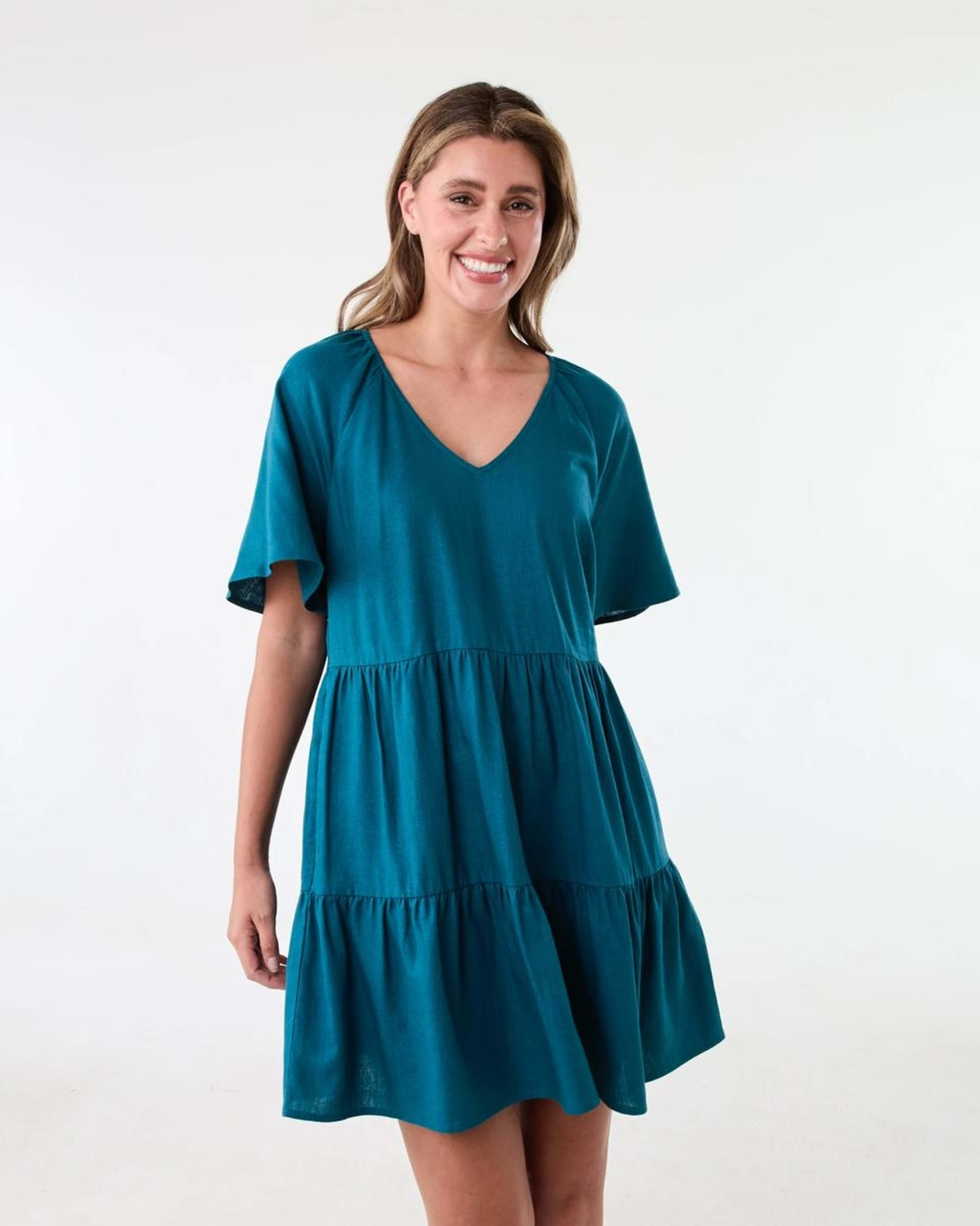 1 Short Sleeve Linen Blend Tiered Mini Dress Teal Coral, 1 of 9