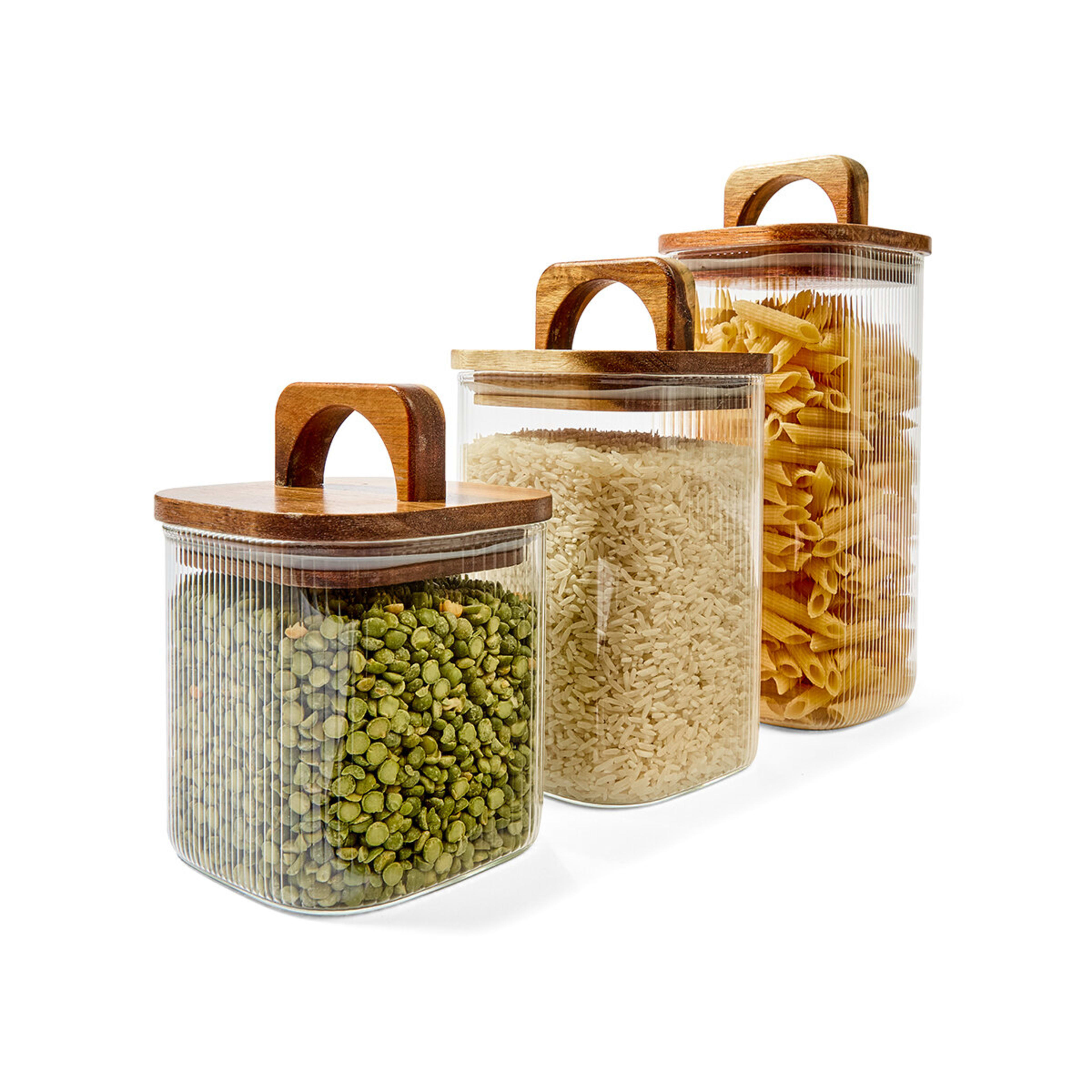 1 Set of 3 Linear Glass Canisters with Acacia Lids