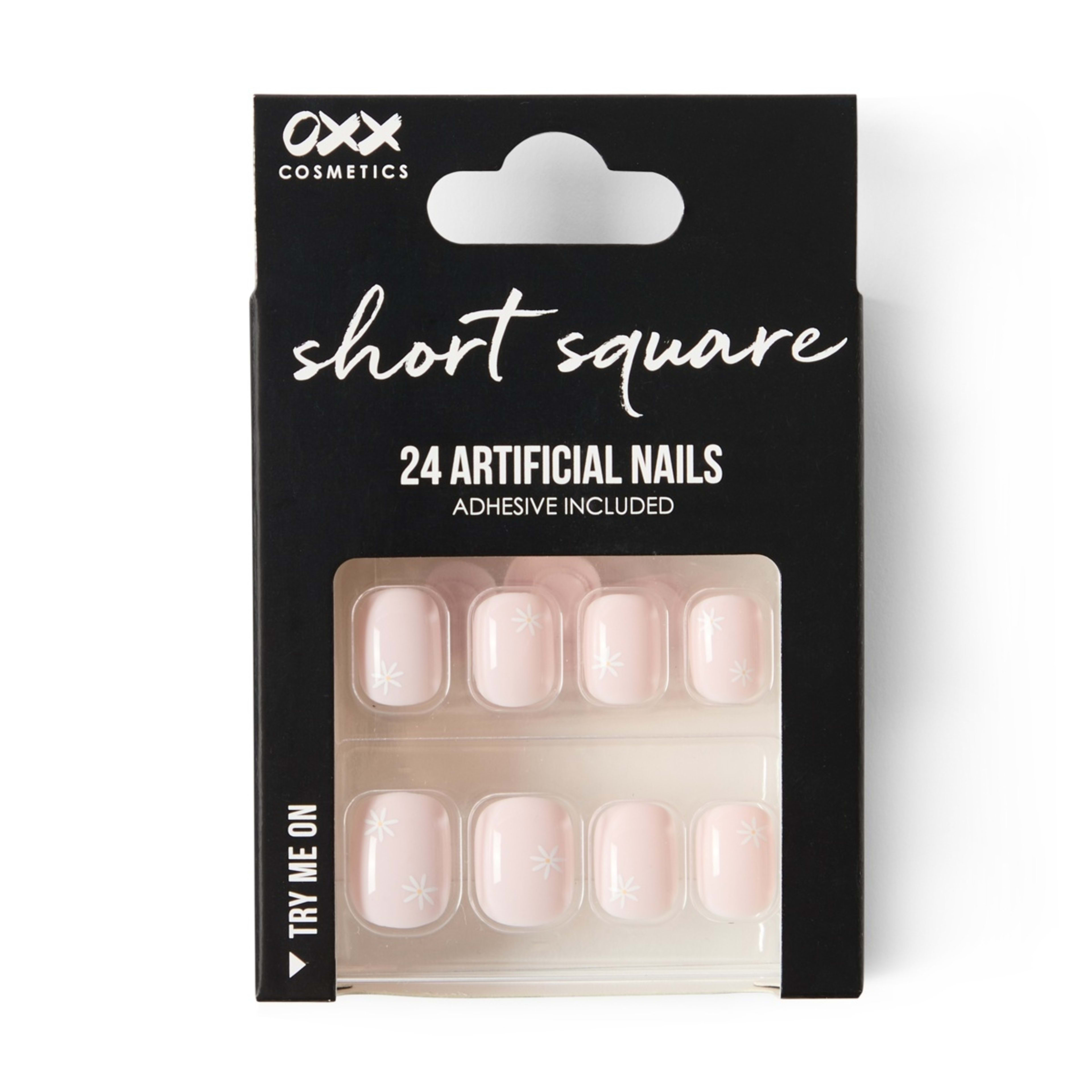 1 OXX Cosmetics 24 Pack Artificial Nails with Adhesive - Short Square Shape, Daisies