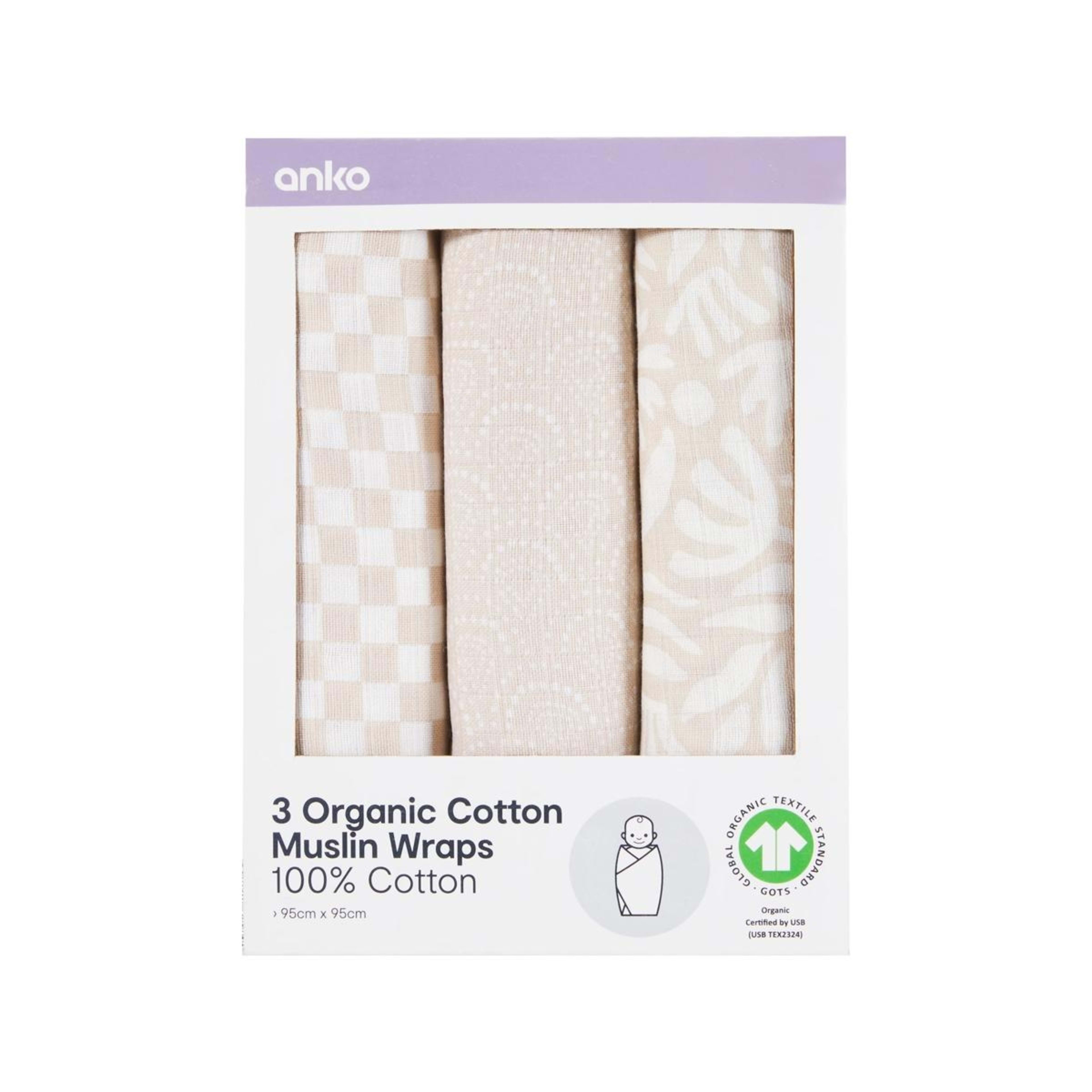 1 3 Pack Organic Cotton Muslin Wraps - Boho, 1 of 7