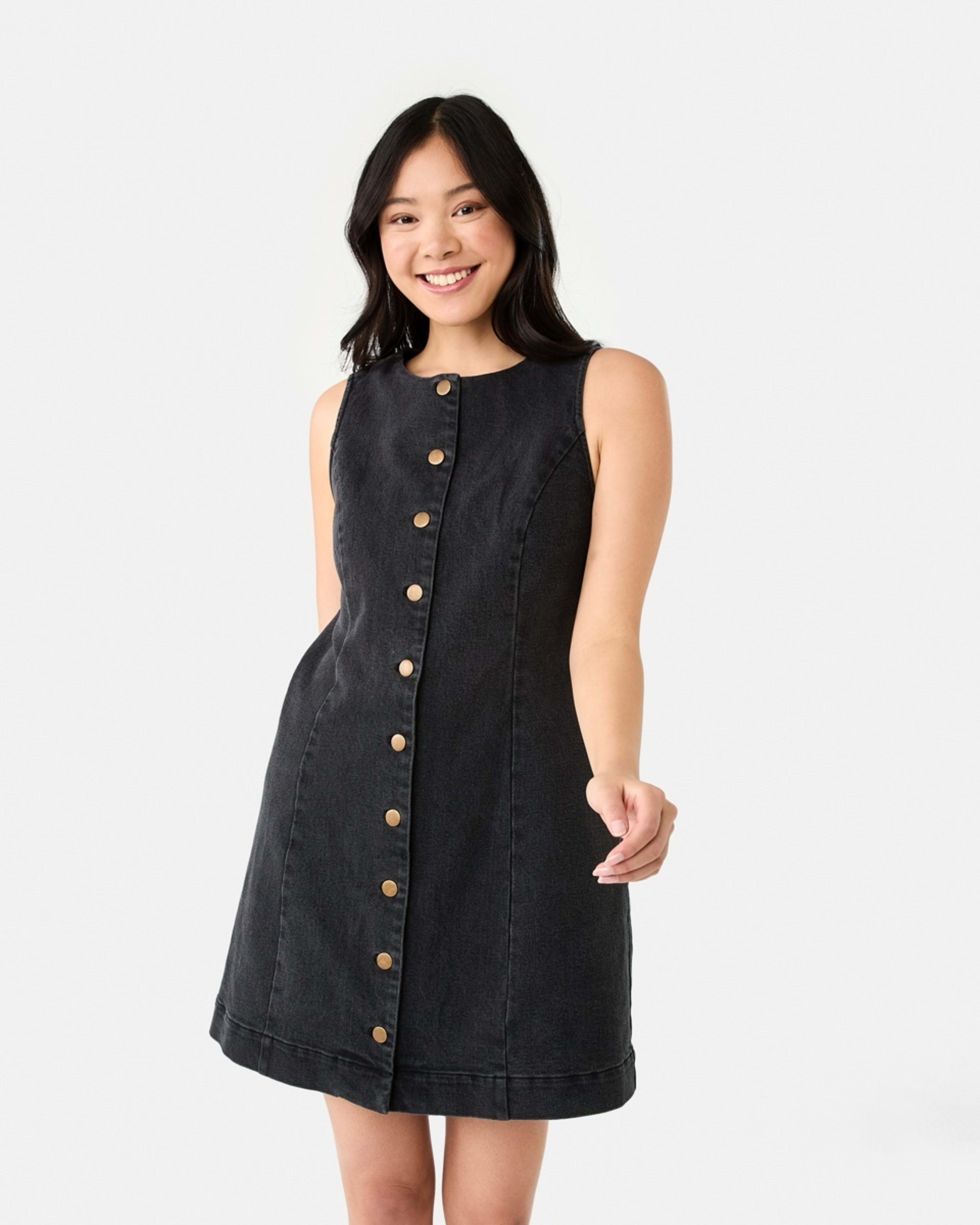 1 Sleeveless Boat Neck Denim Mini Dress BLACK WASH, 1 of 8
