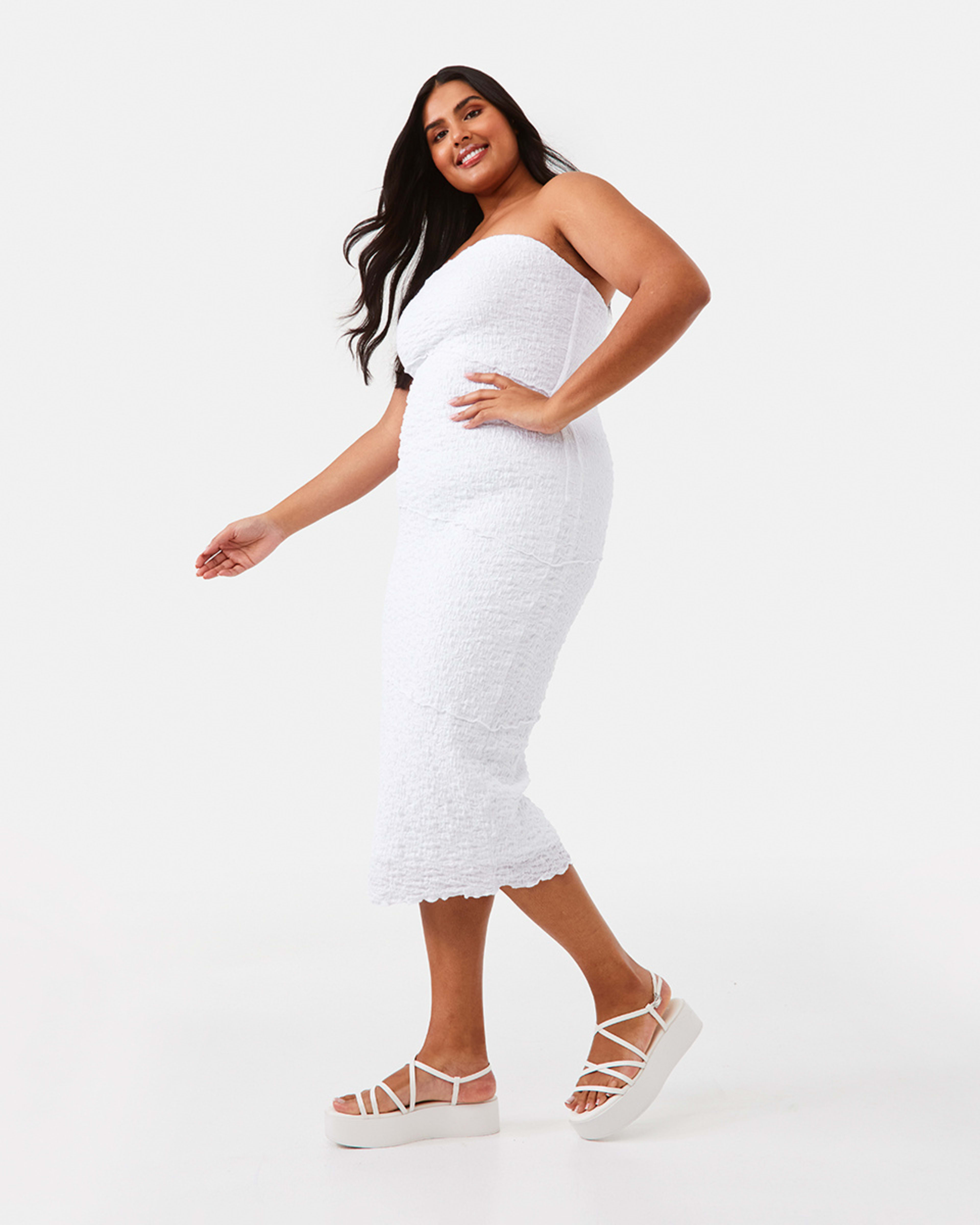4 Strapless Textured Bandeau Midi Dress White, 4 of 8
