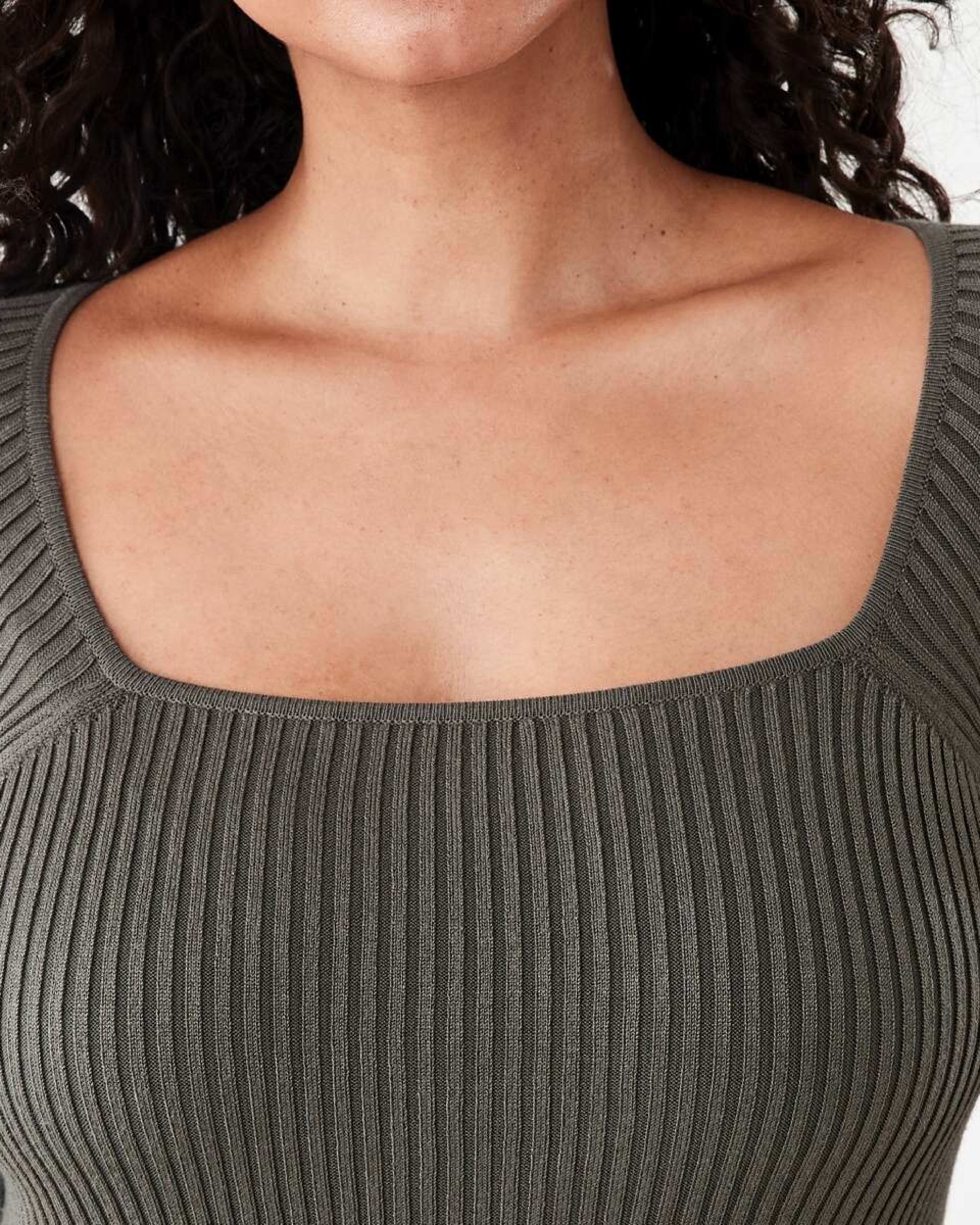 5 Long Sleeve Square Neck Knit Midi Dress Grn Olive, 5 of 6