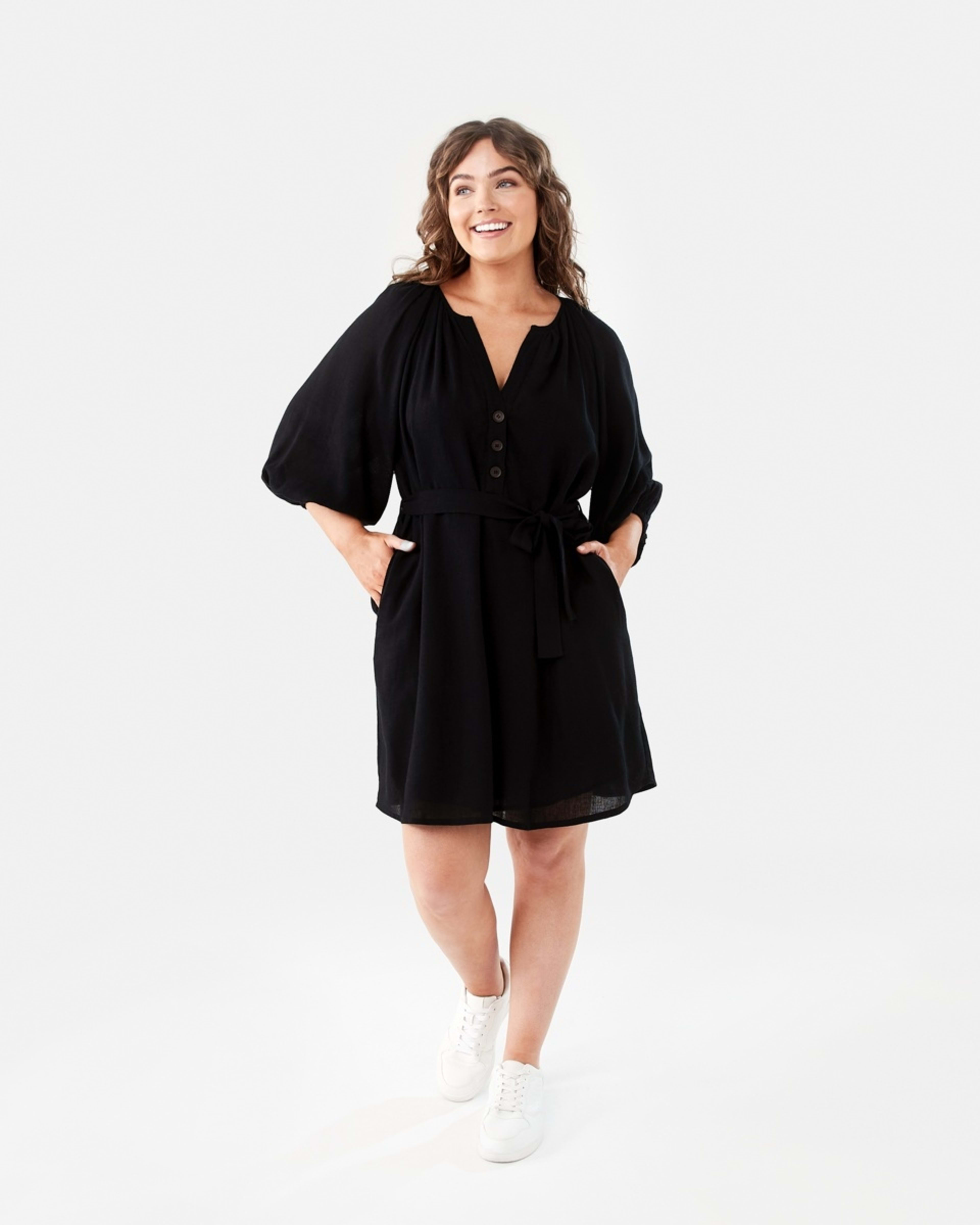 10 Elbow Sleeve Linen Blend Mini Dress BLACK, 10 of 10
