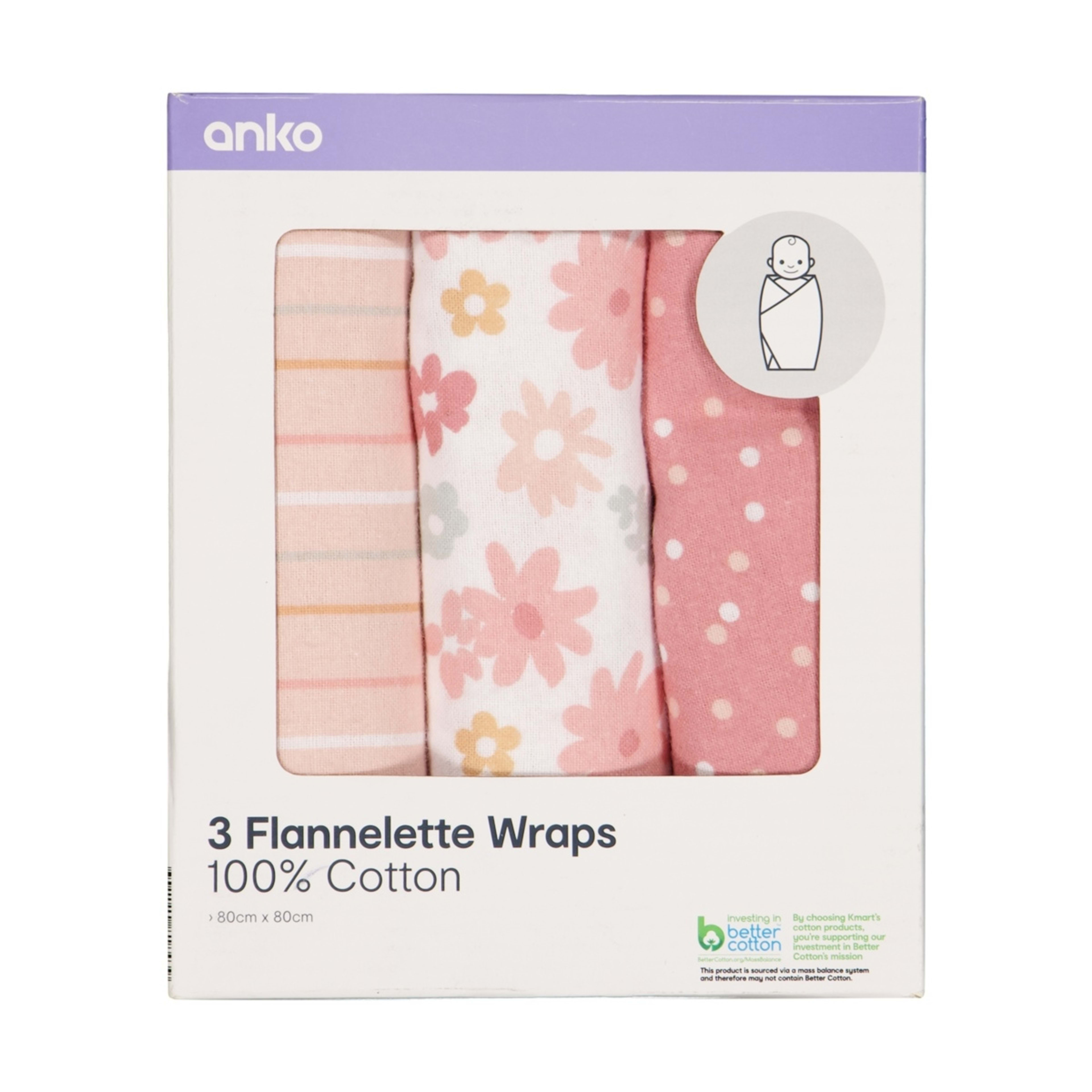 1 3 Pack Flannelette Wraps - Floral
