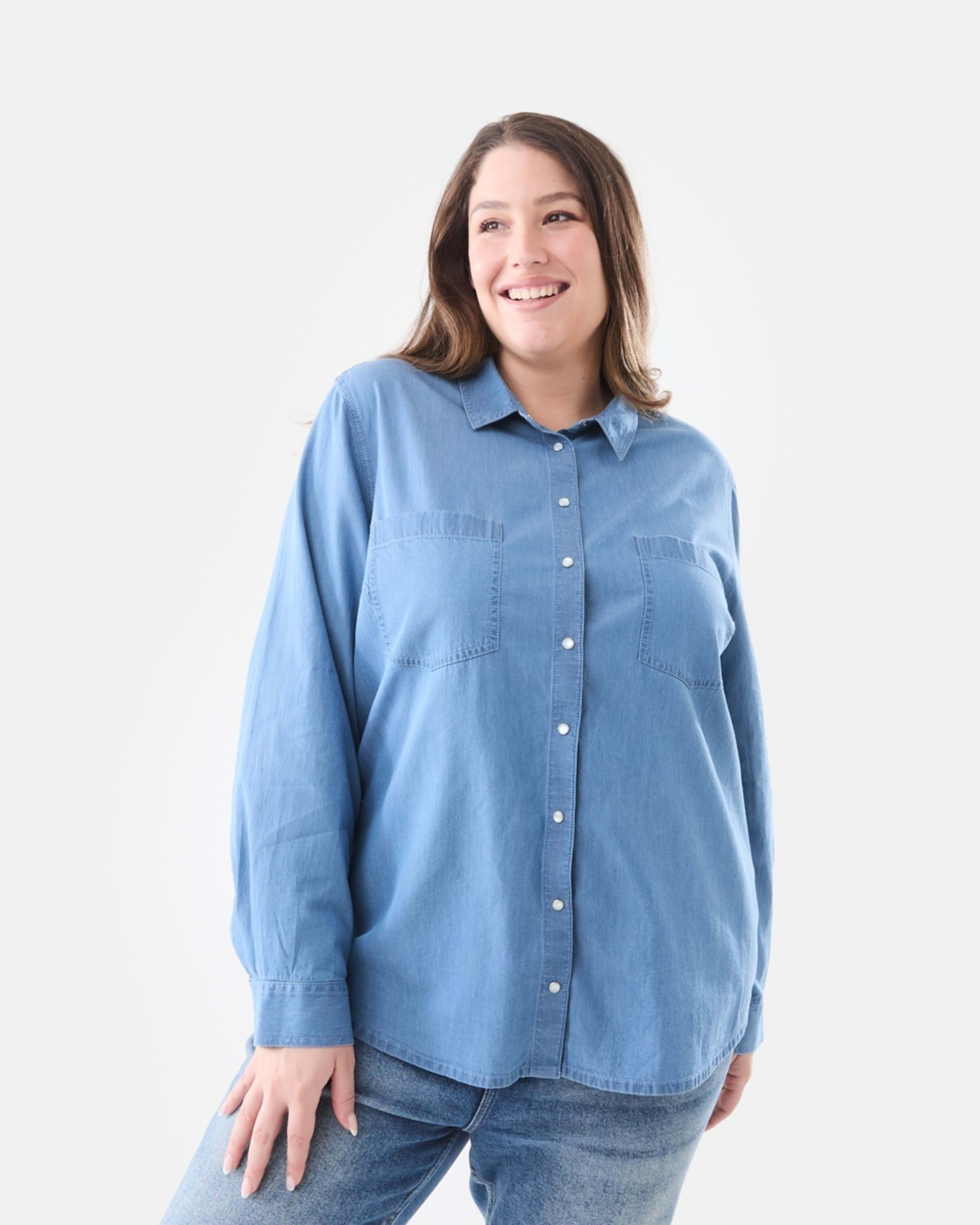 1 Curve Long Sleeve Denim Shirt Mid Blue Denim Wash