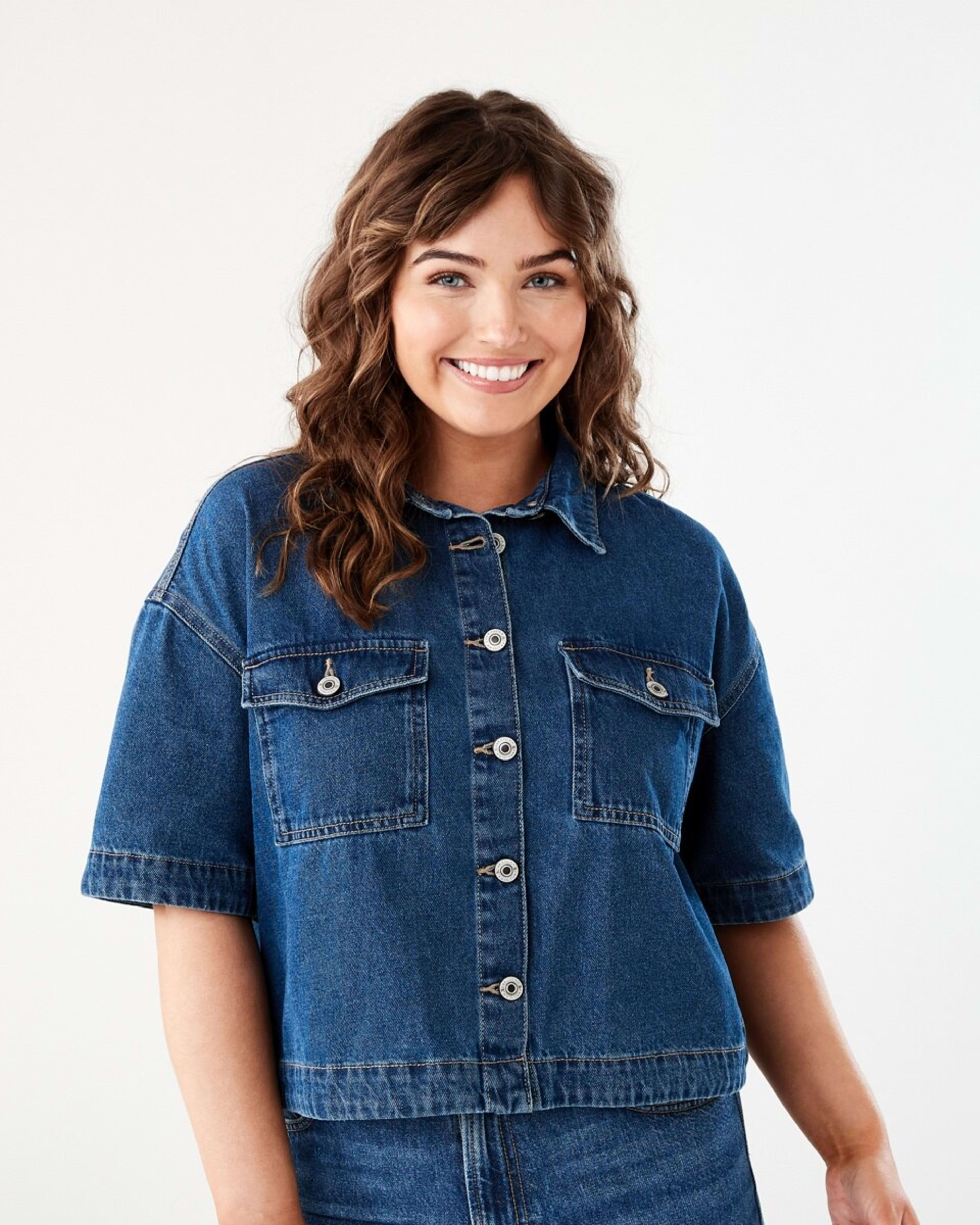 1 Short Sleeve Denim Cropped Shirt MID BLUE DENIM WASH, 1 of 7