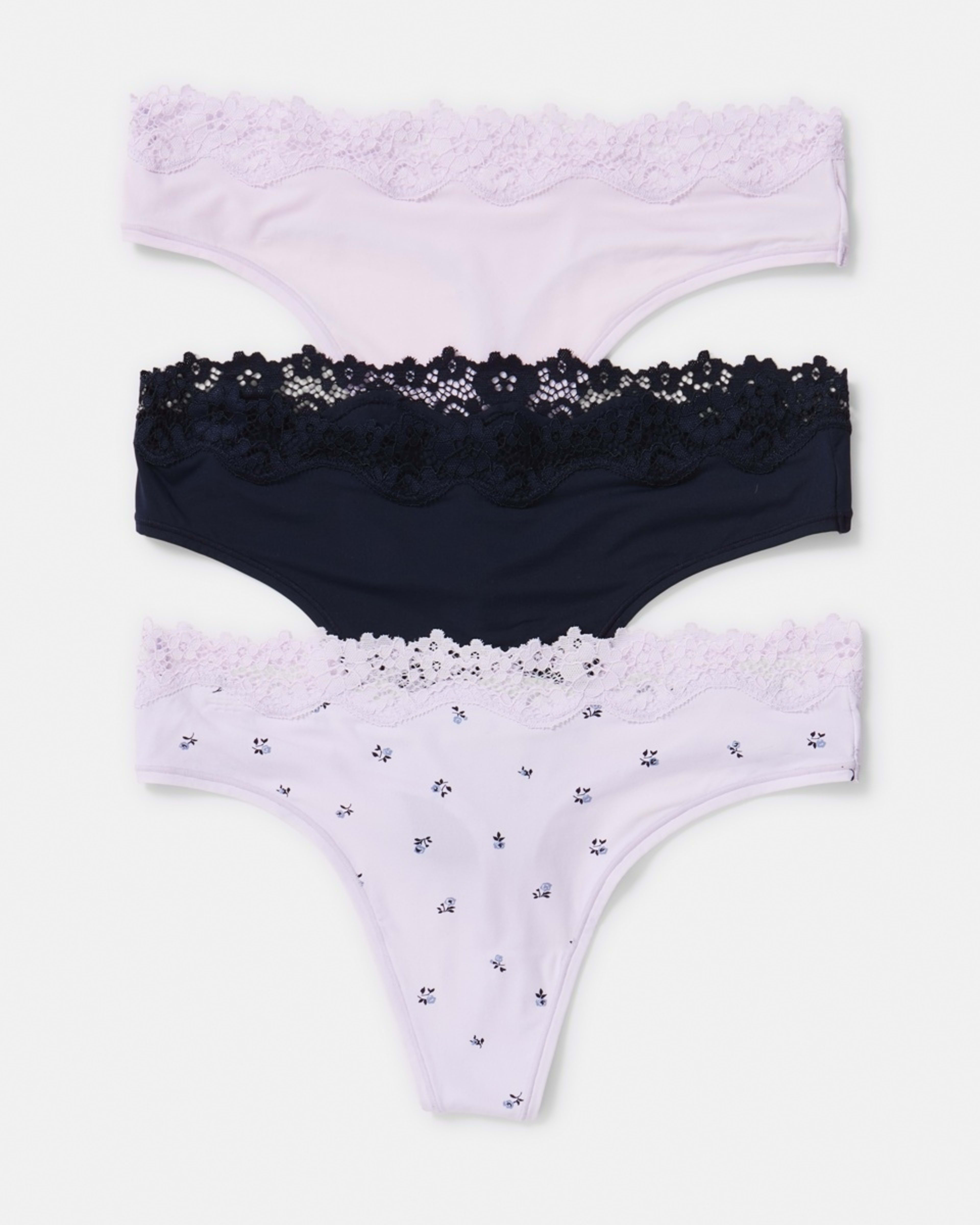 1 3 Pack Super Soft Lace G-String Briefs LAVENDER FLORAL, MIDNIGHT, LILY LAVENDER
