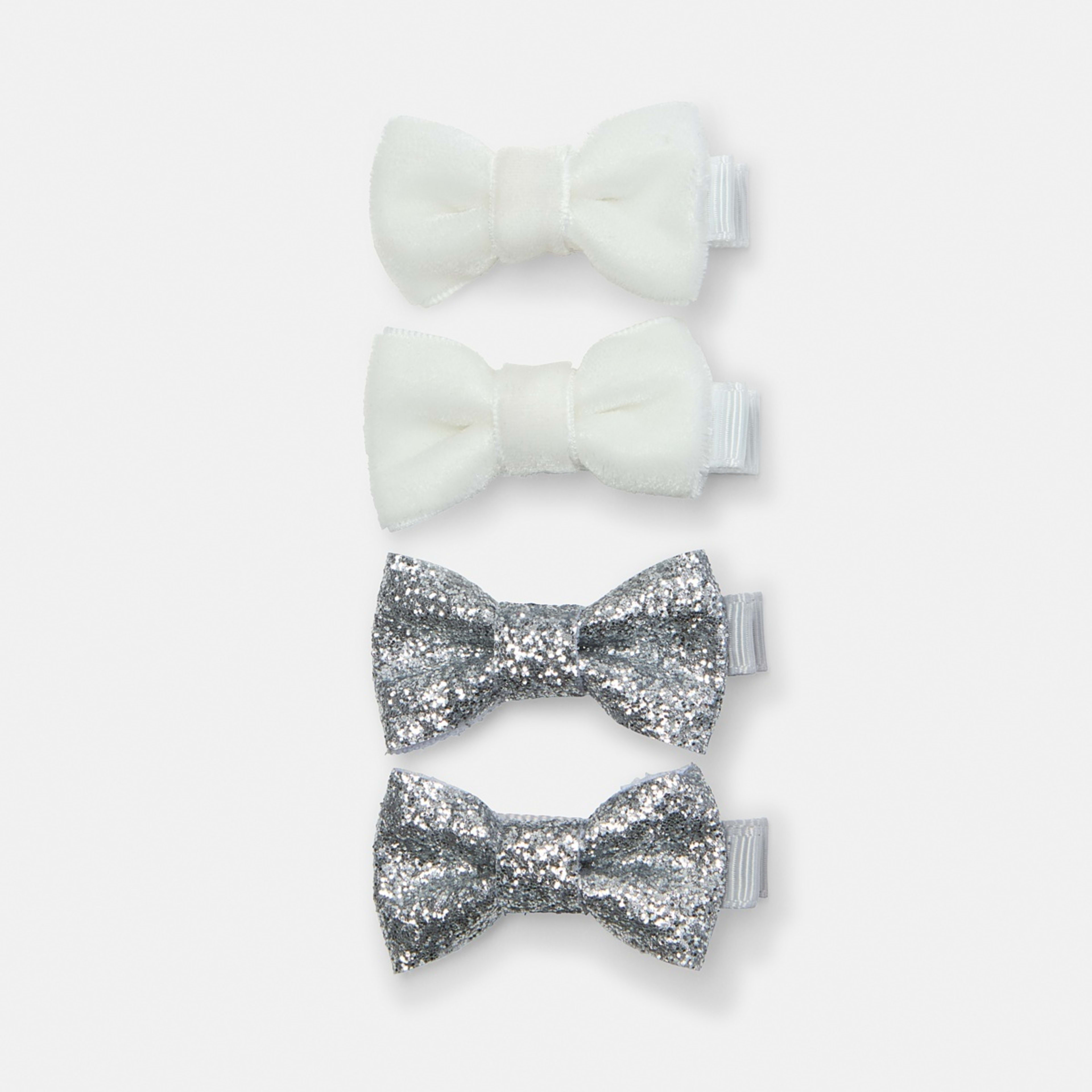 1 4 Pack Silver Tone and White Bow Hair Clips