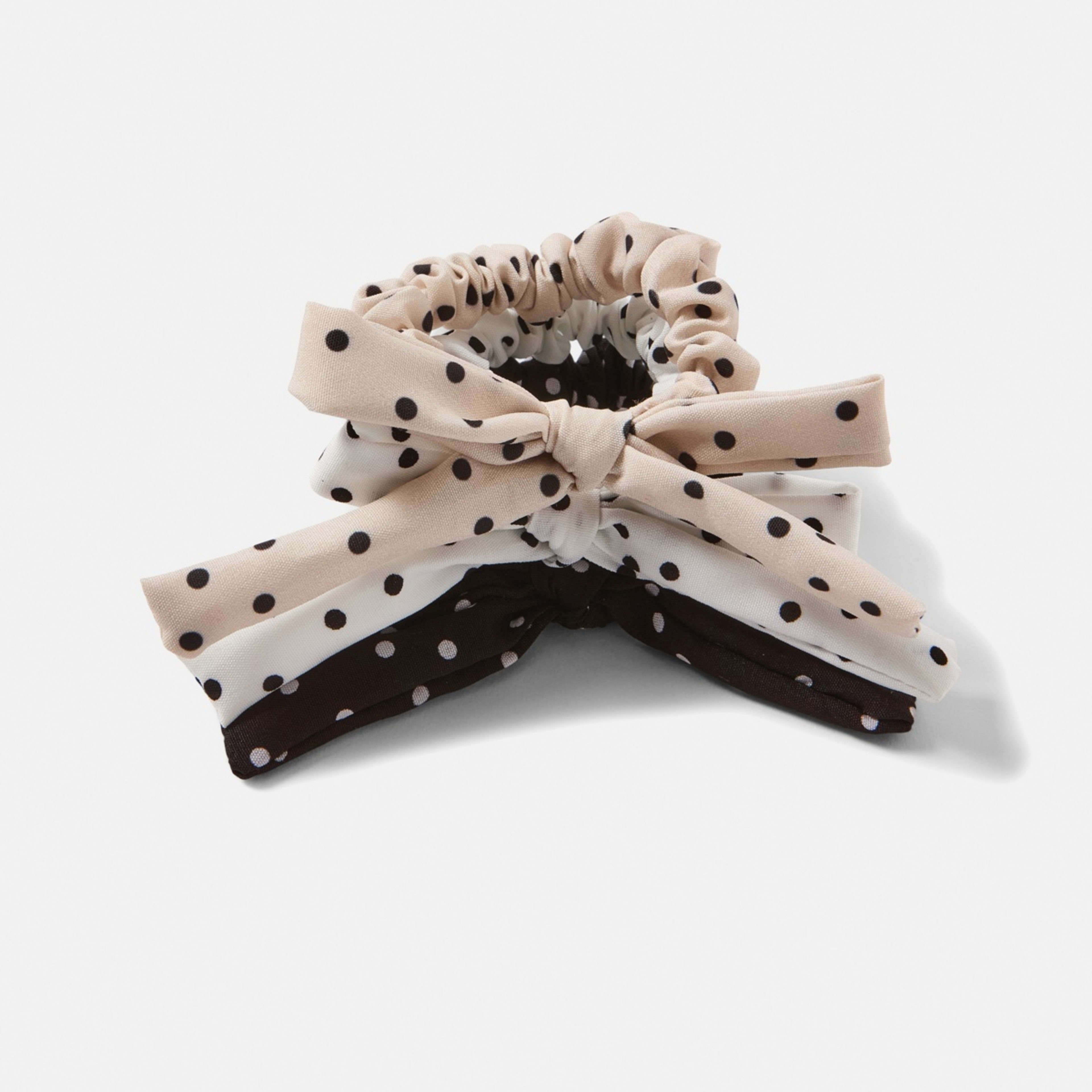 2 3 Pack Polka Dot Bow Hair Scrunchies - Black, White and Beige, 2 of 5