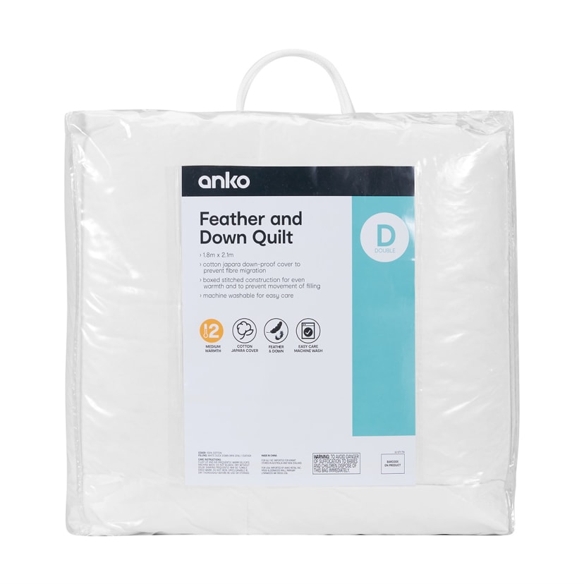 Medium Warmth Feather and Down Quilt Double Bed, White Kmart