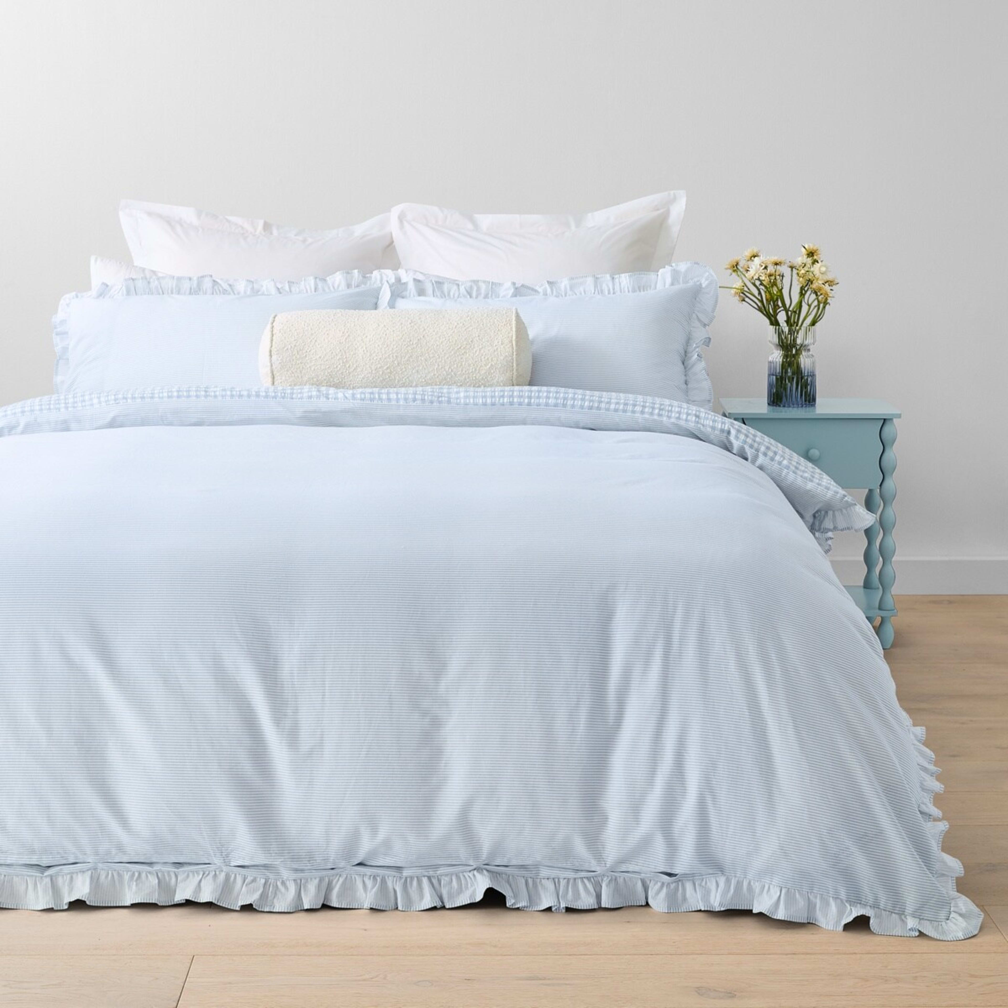 2 Gingham Ruffle Reversible Cotton Quilt Cover Set - Double Bed, Blue, 2 of 7
