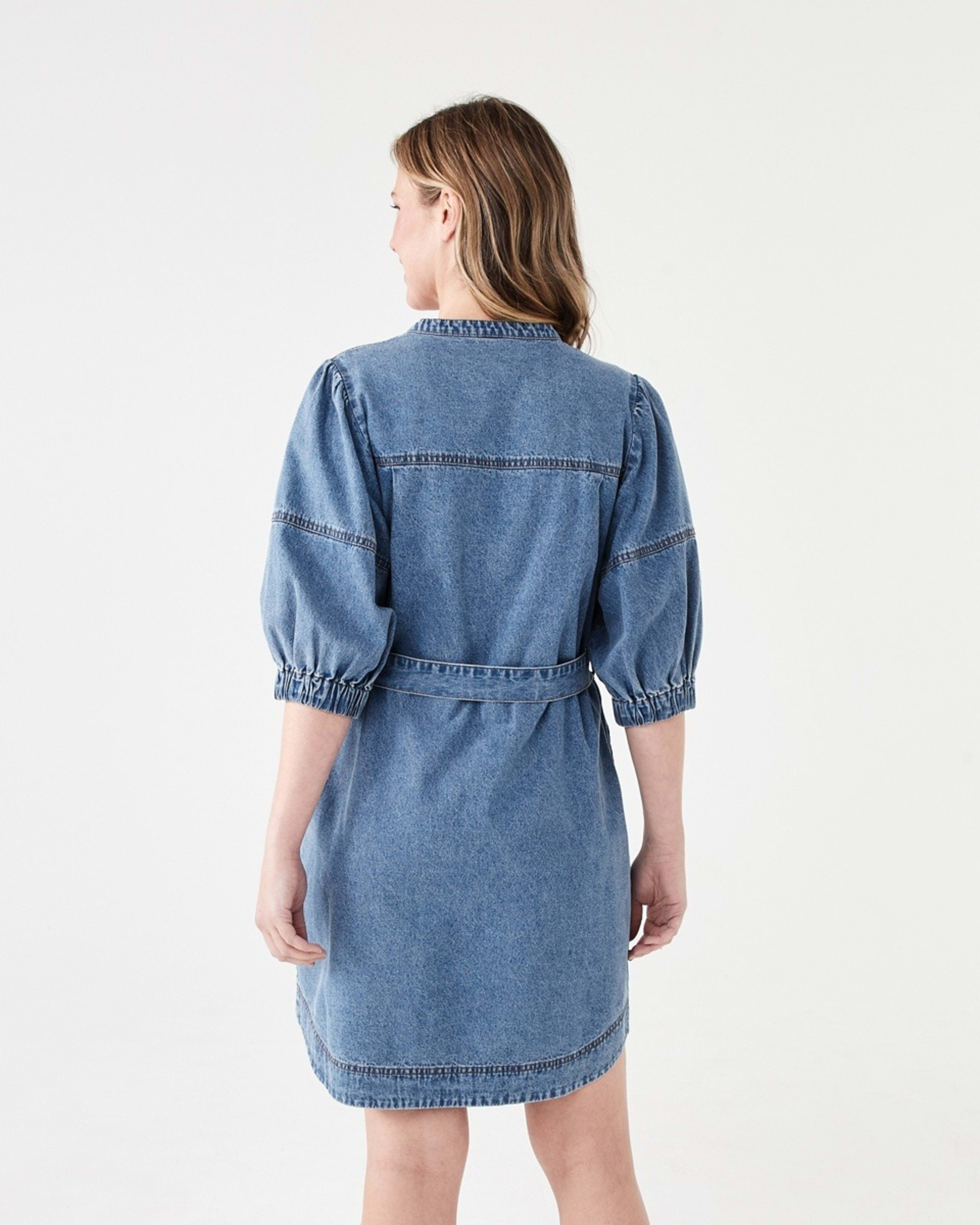 3 Short Sleeve Denim Puff Sleeve Mini Dress LIGHT DENIM WASH, 3 of 6