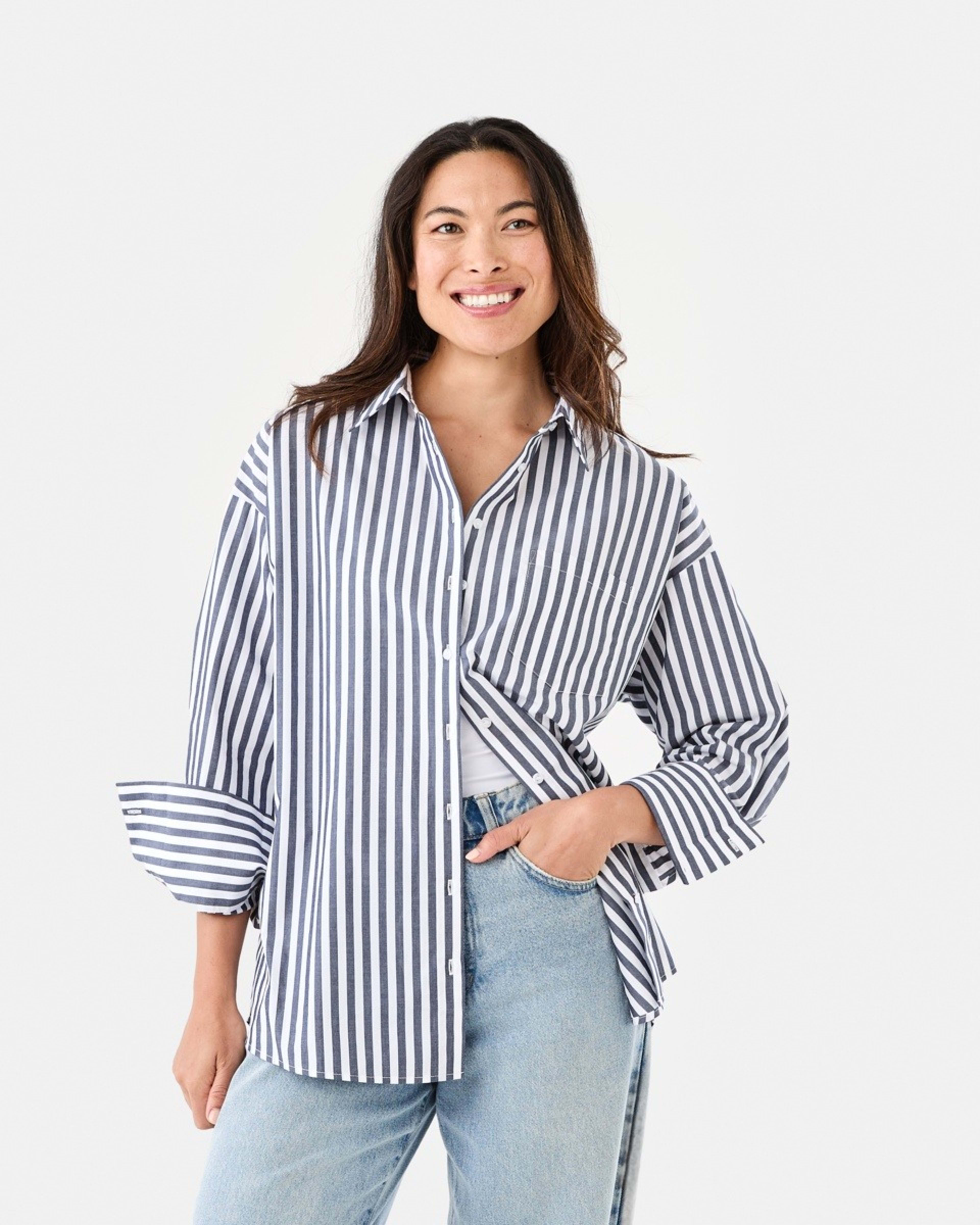 2 Long Sleeve Oversized Cotton Shirt Navy Strpe, 2 of 8