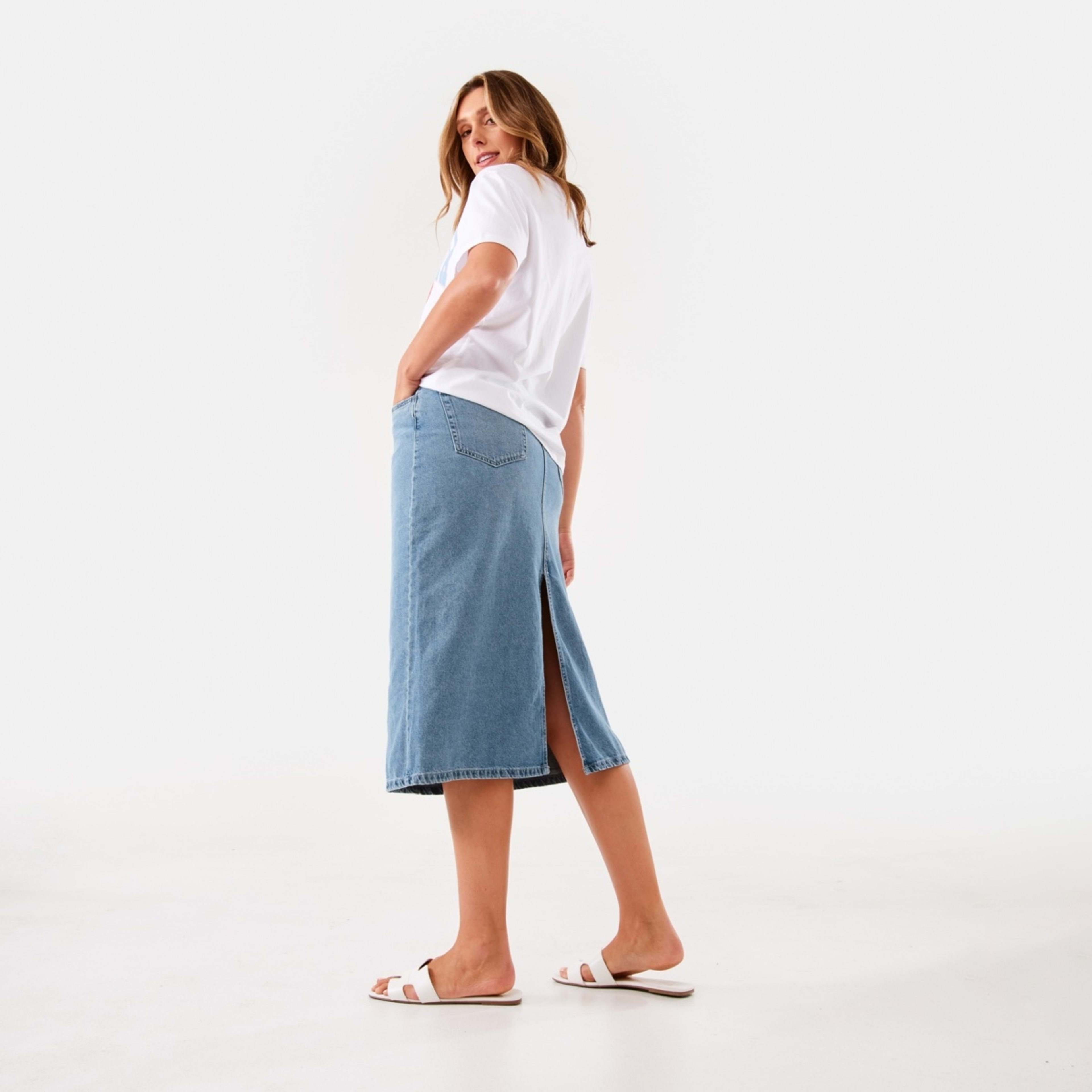 4 Denim Midi Skirt Mid Wash, 4 of 8