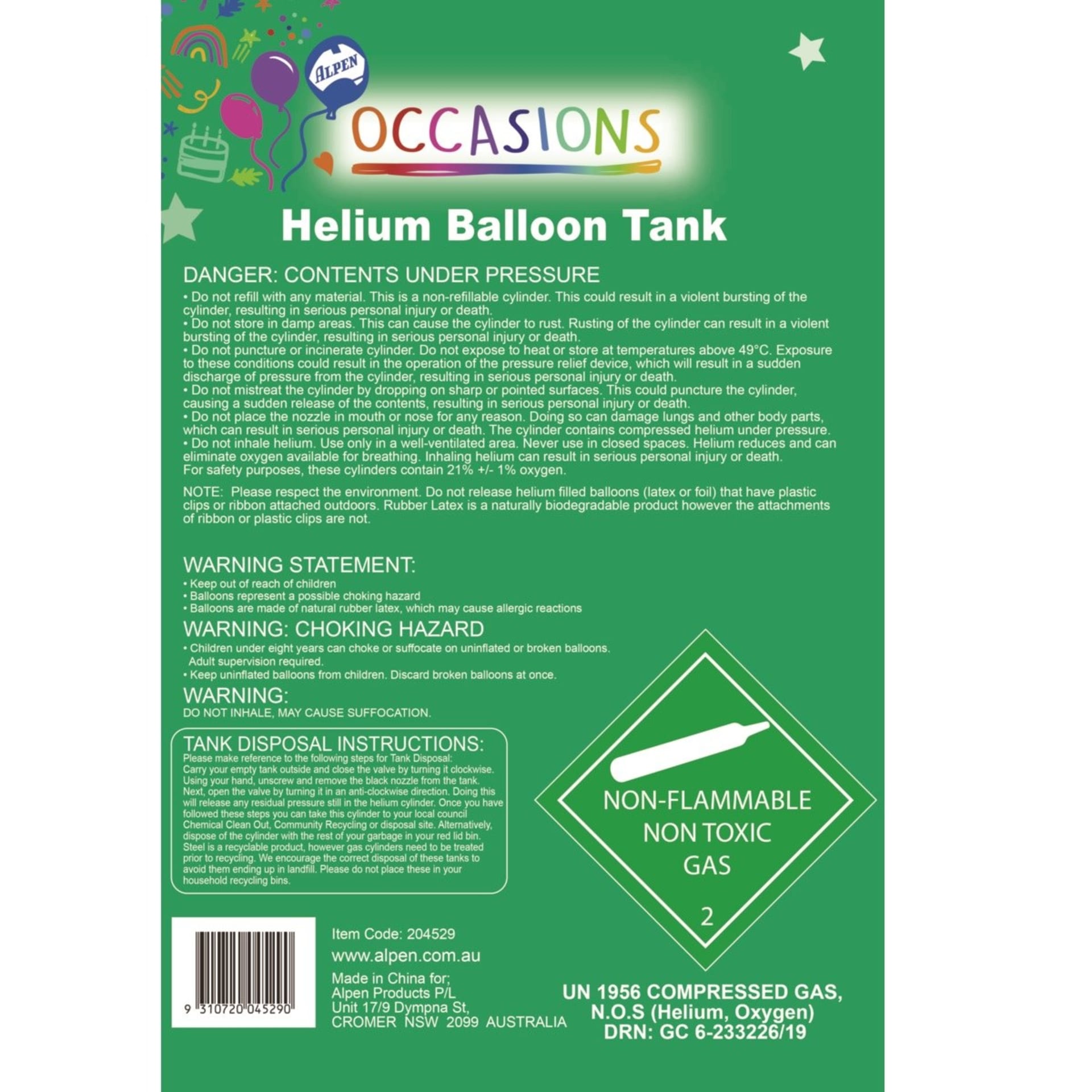 Alpen Occasions Helium Balloon Tank Jumbo Kmart