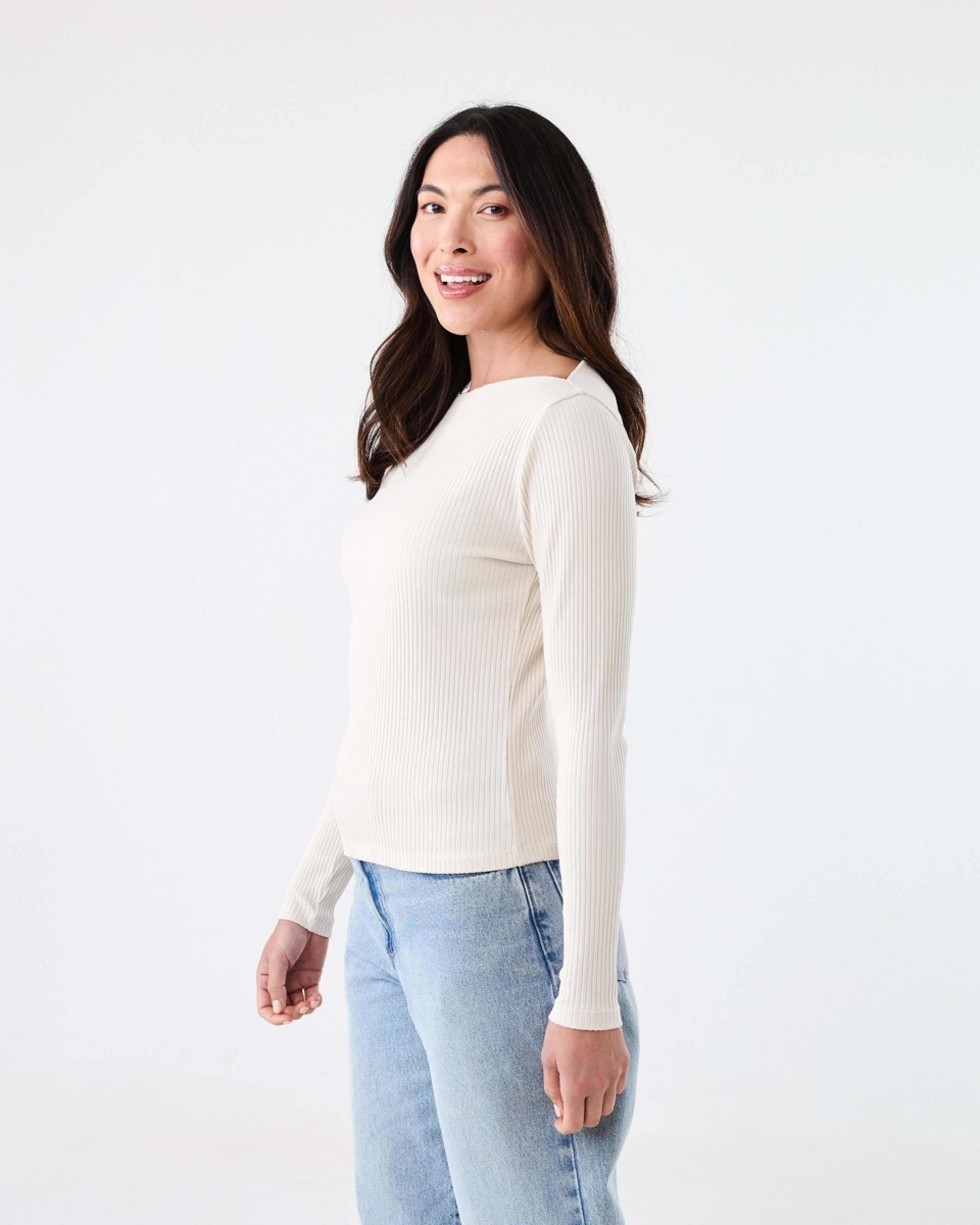 2 Long Sleeve Rib Boat Neck Top Nat Beige, 2 of 5