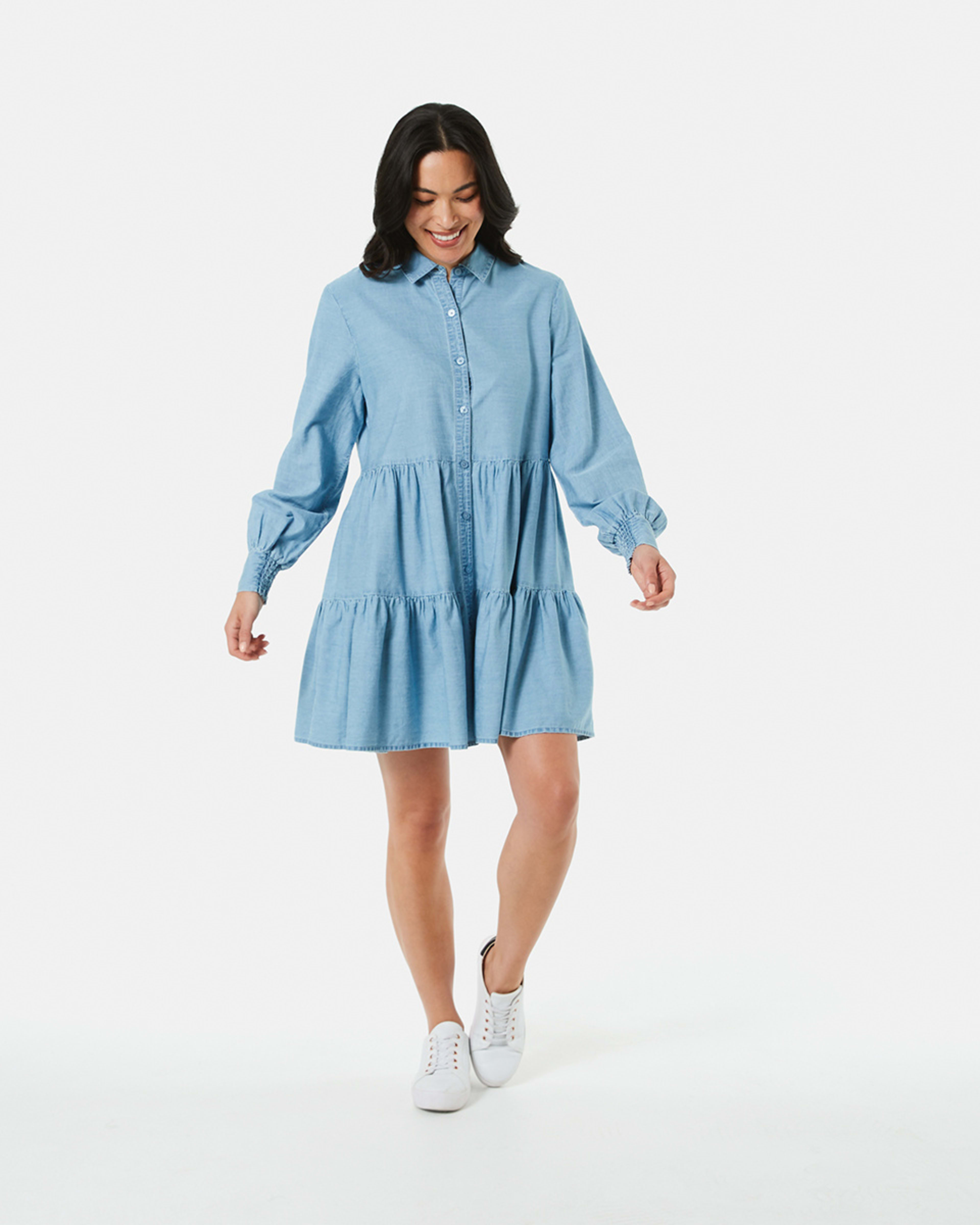 Long Sleeve Collared Neck Tiered Dress - Kmart