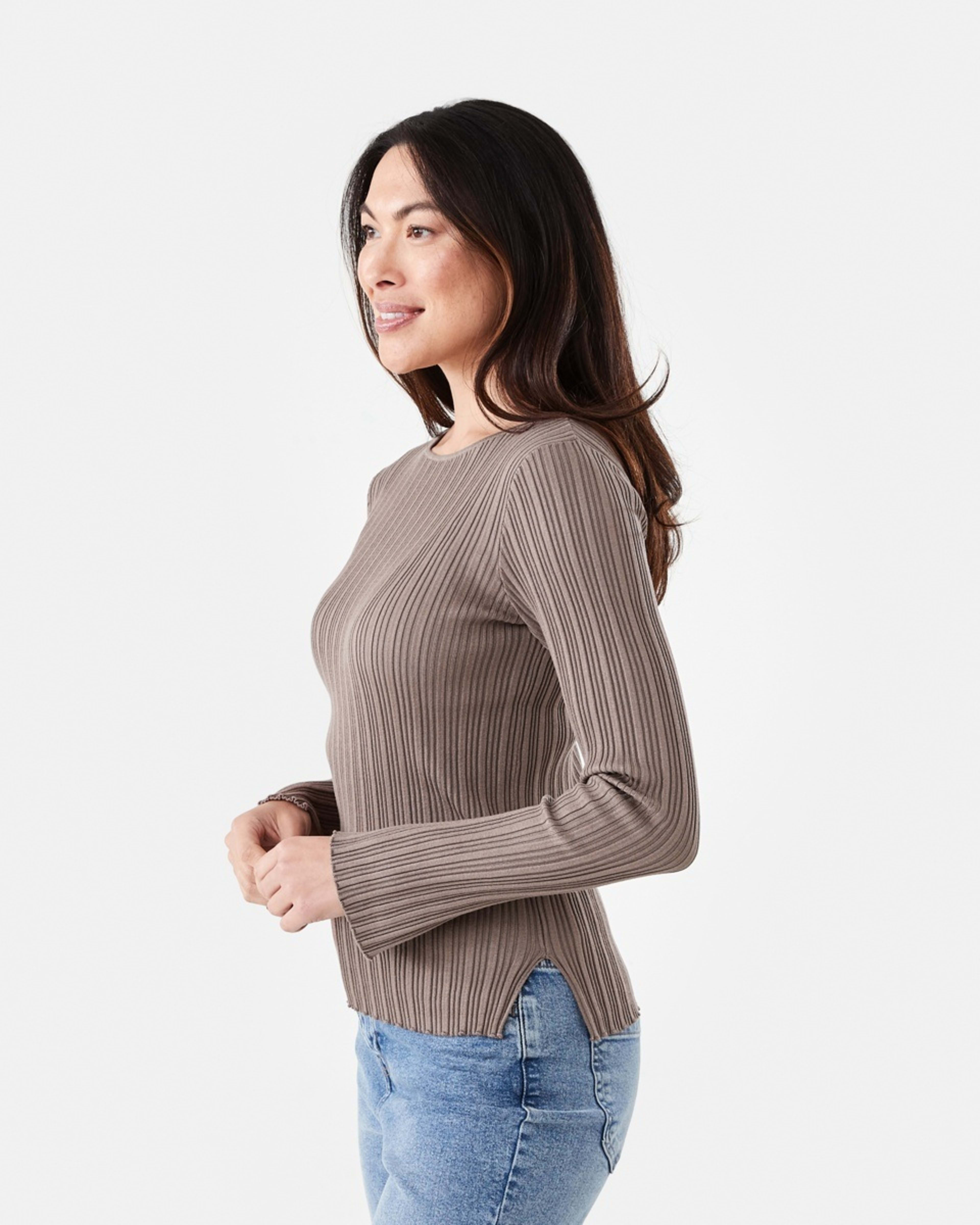 2 Long Sleeve Rib Boat Neck Top Taupe Brn, 2 of 6