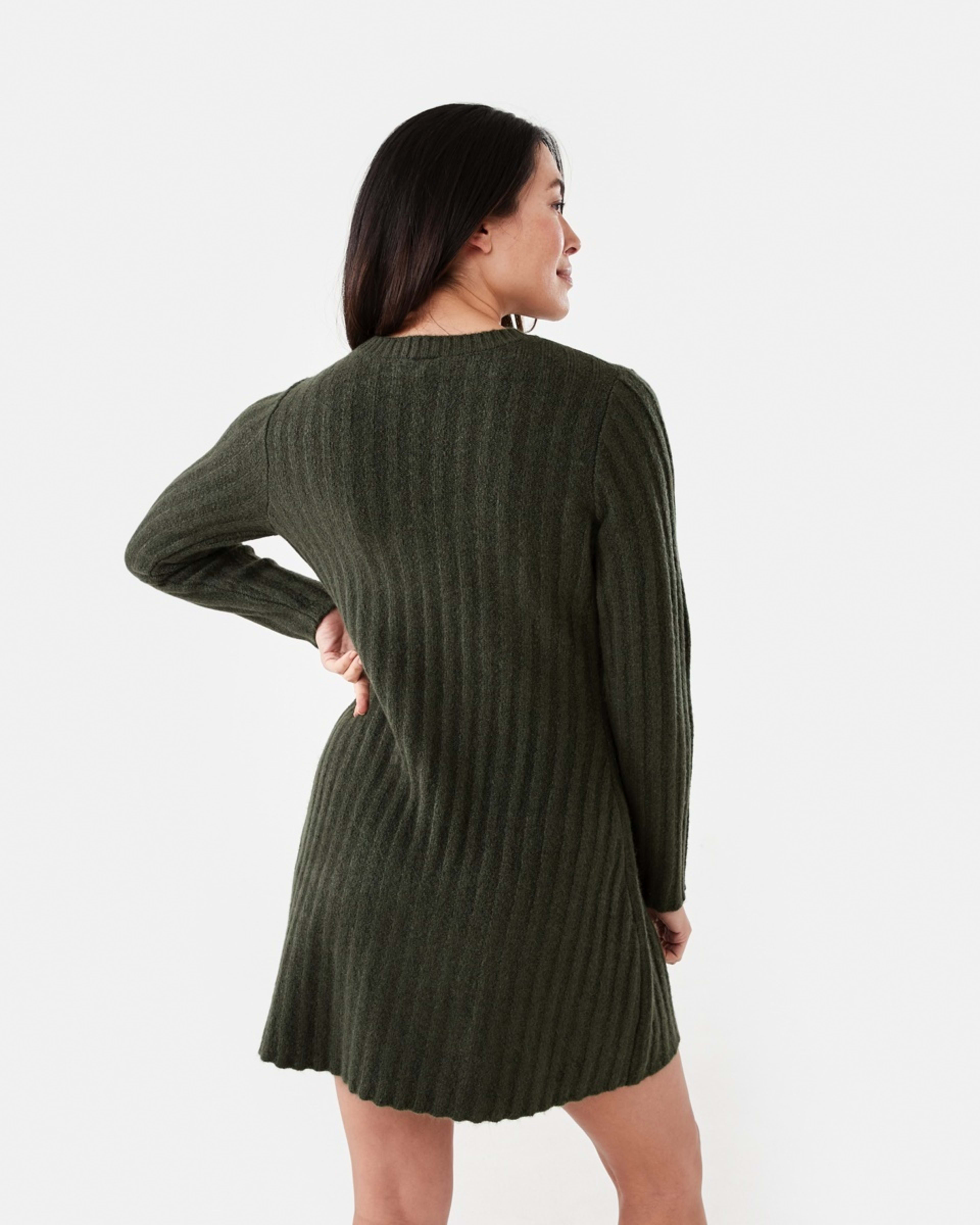 3 Long Sleeve Rib True Knit Skater Mini Dress Cargo Grn, 3 of 6
