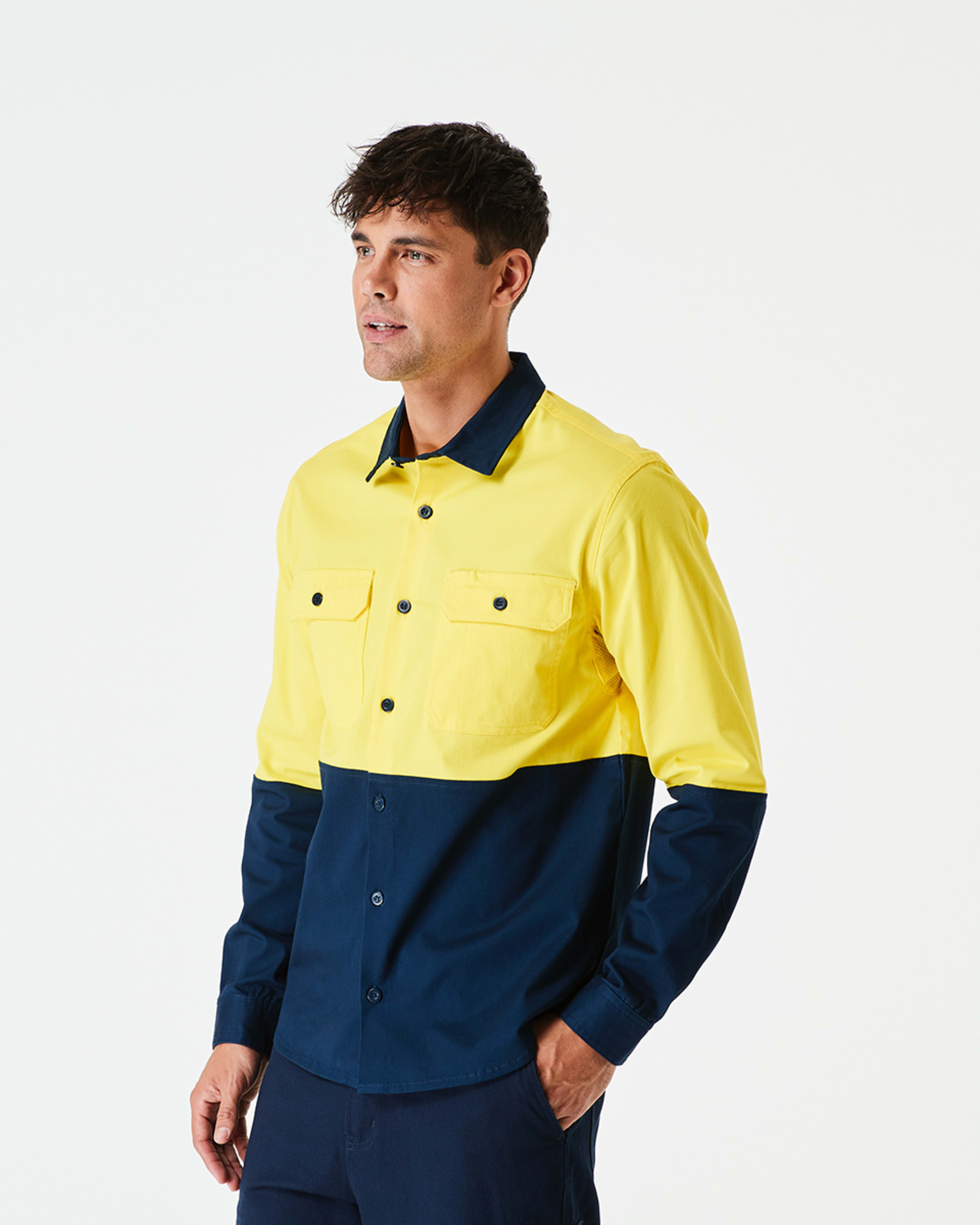 2 Workwear Long Sleeve Hi-Visibility Stretch Shirt SAFETY YELLOW, 2 of 5