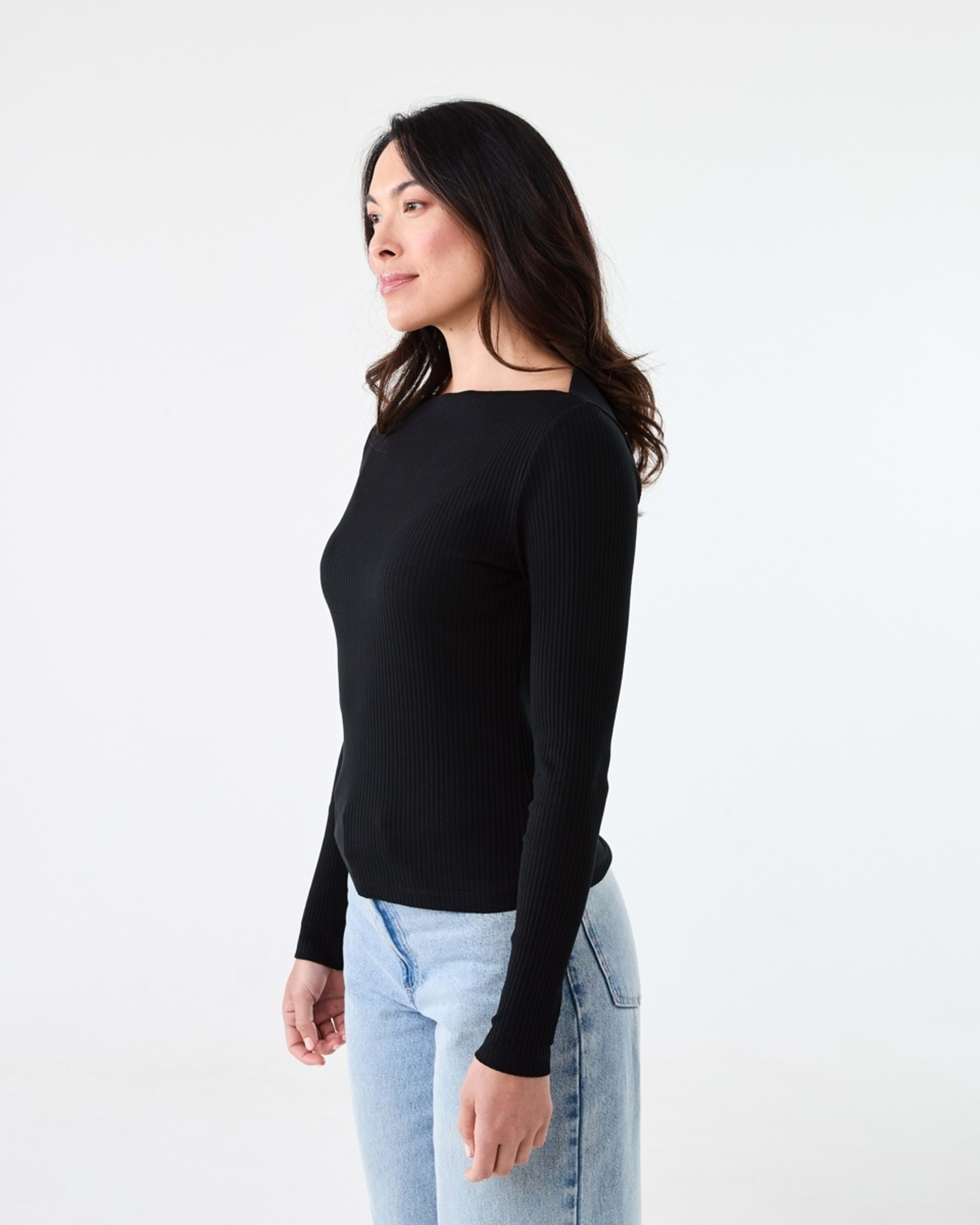 2 Long Sleeve Rib Boat Neck Top Black, 2 of 5