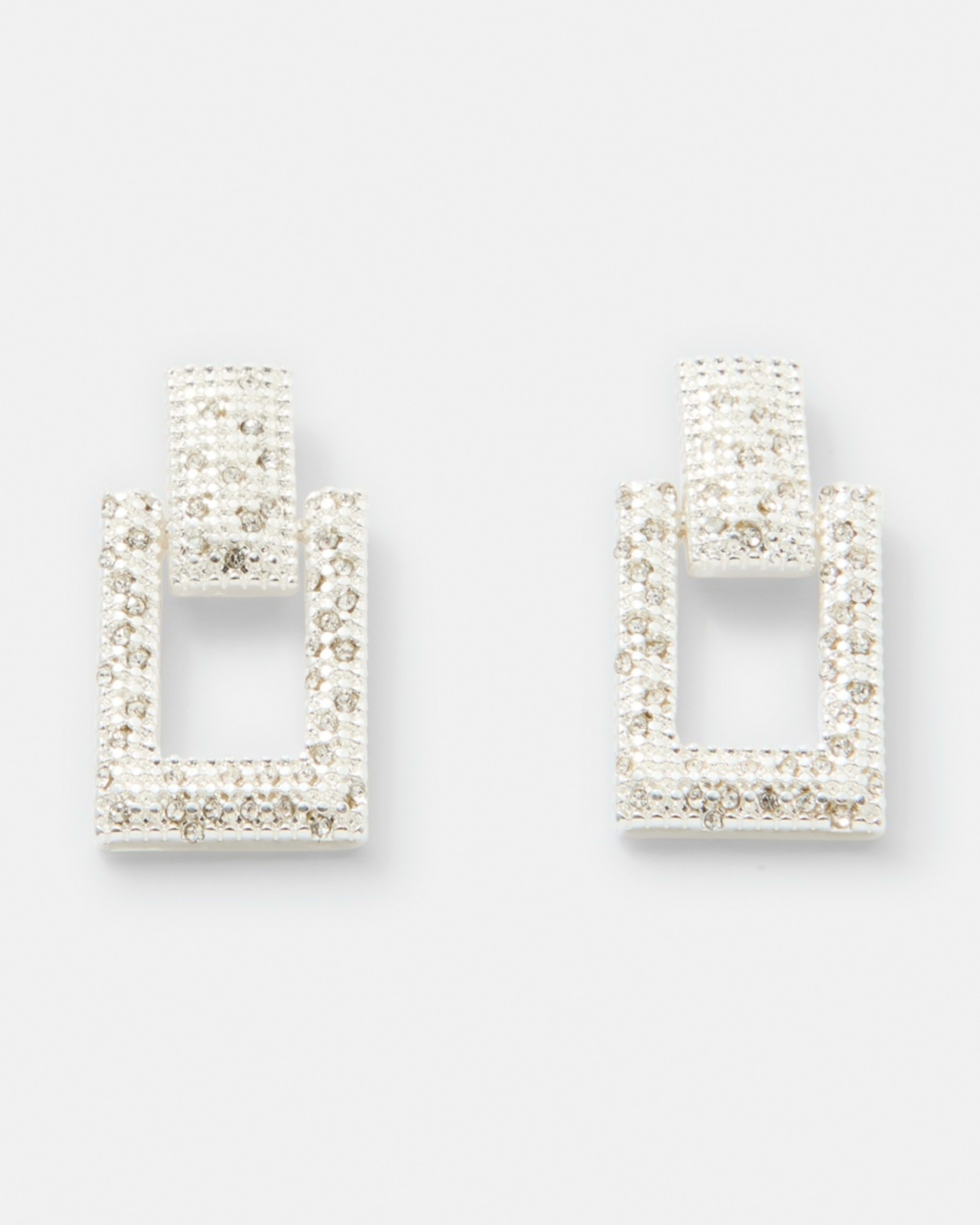 1 Square Diamante Drop Earrings - Silver Tone Silver
