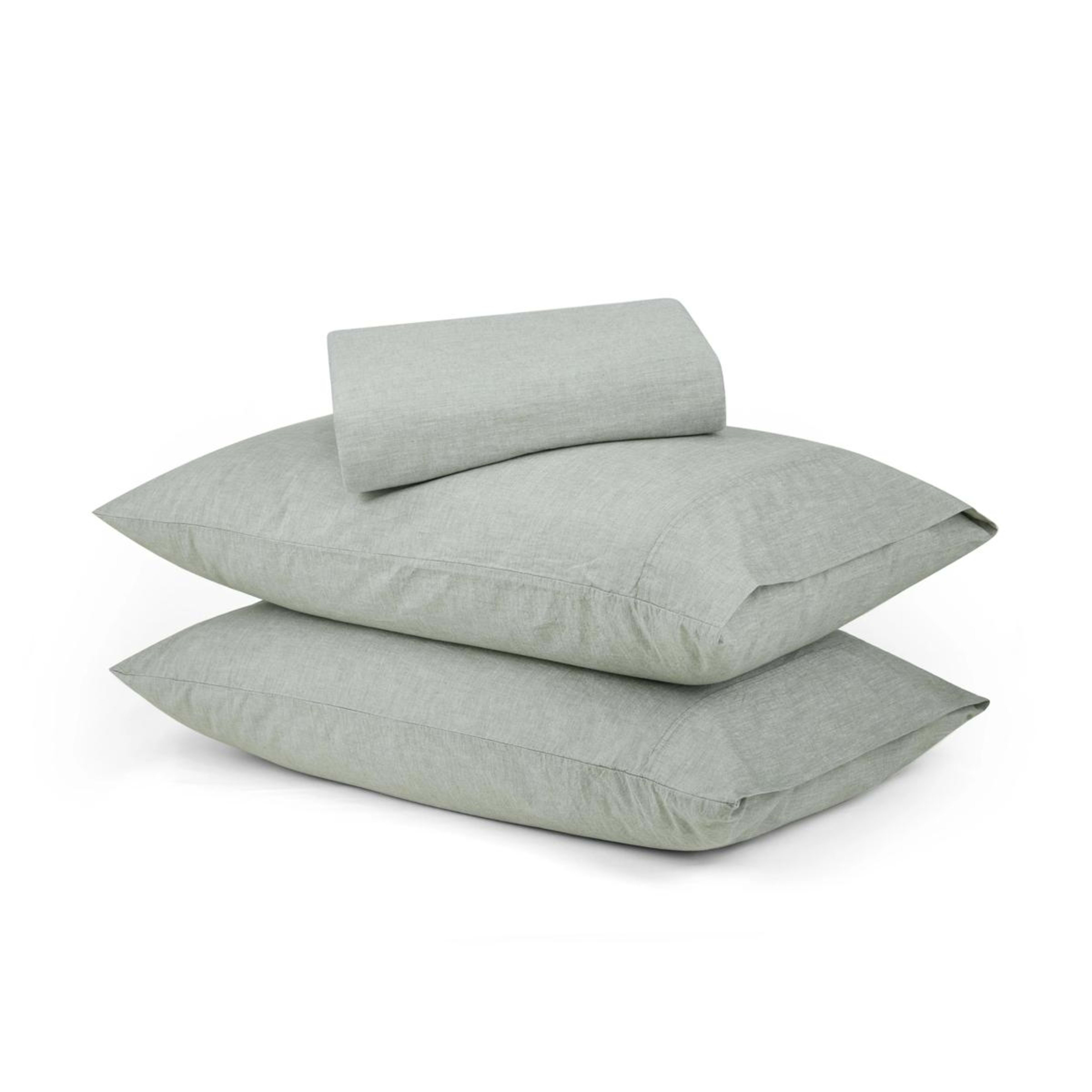 1 Stonewashed Chambray Cotton Sheet Set - Double Bed, Sage, 1 of 7