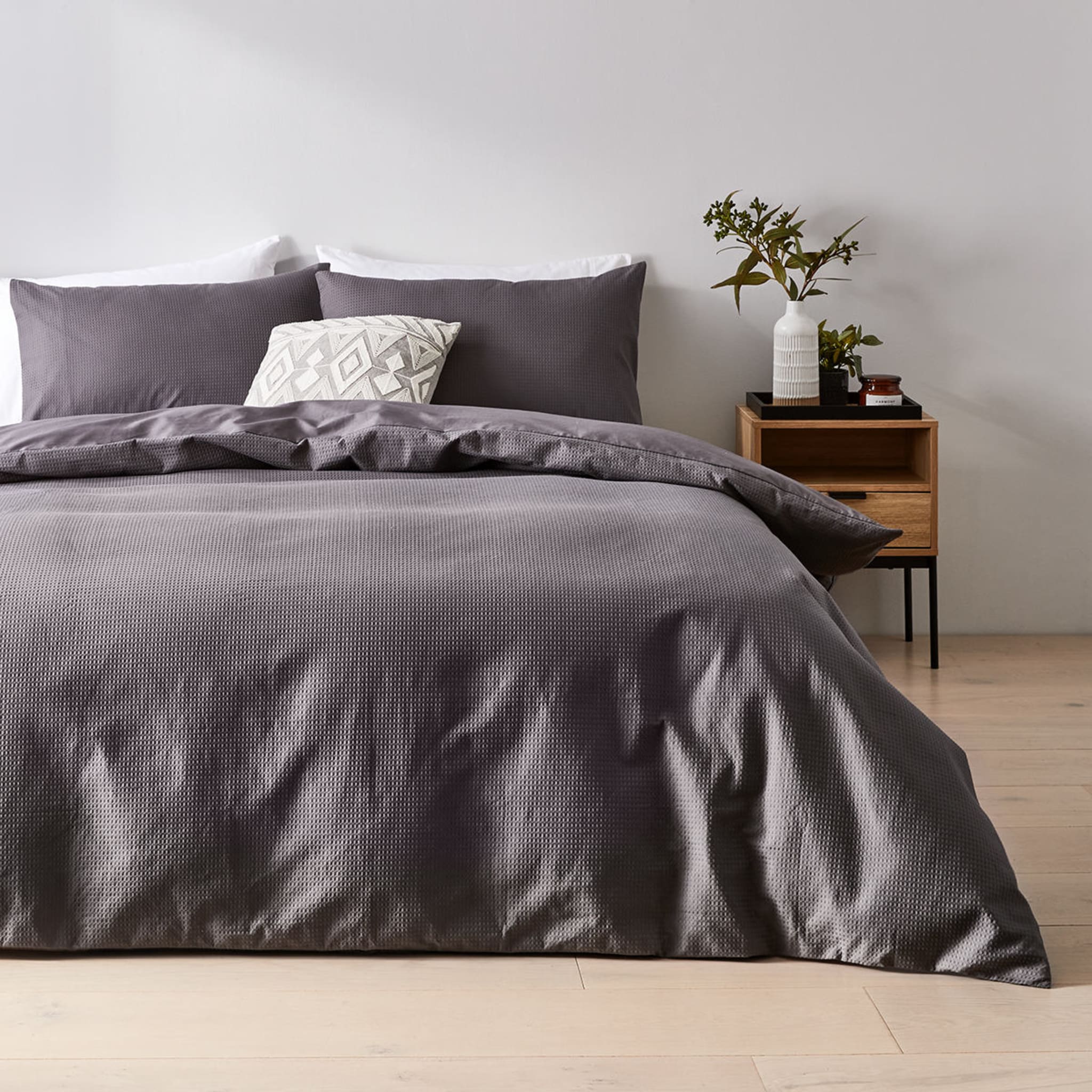 Waffle Cotton Quilt Cover Set Queen Bed, Charcoal Kmart