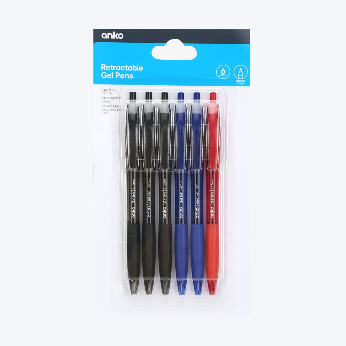 6 Pack Retractable Gel Pens Black, Blue and Red Kmart