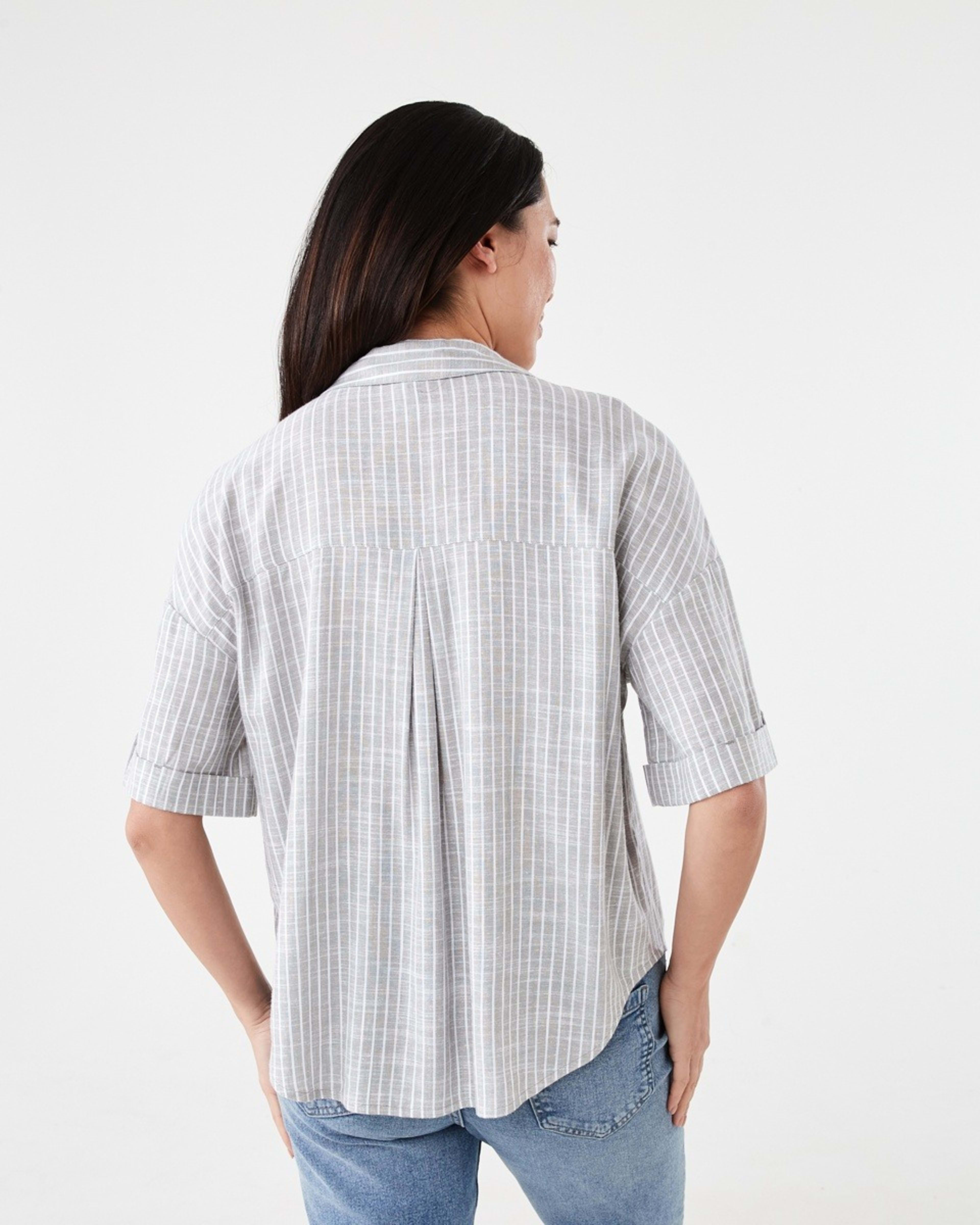 3 Short Sleeve Roll Sleeve Tab Shirt OLIVIA STRIPE LIGHT KHAKI, 3 of 6