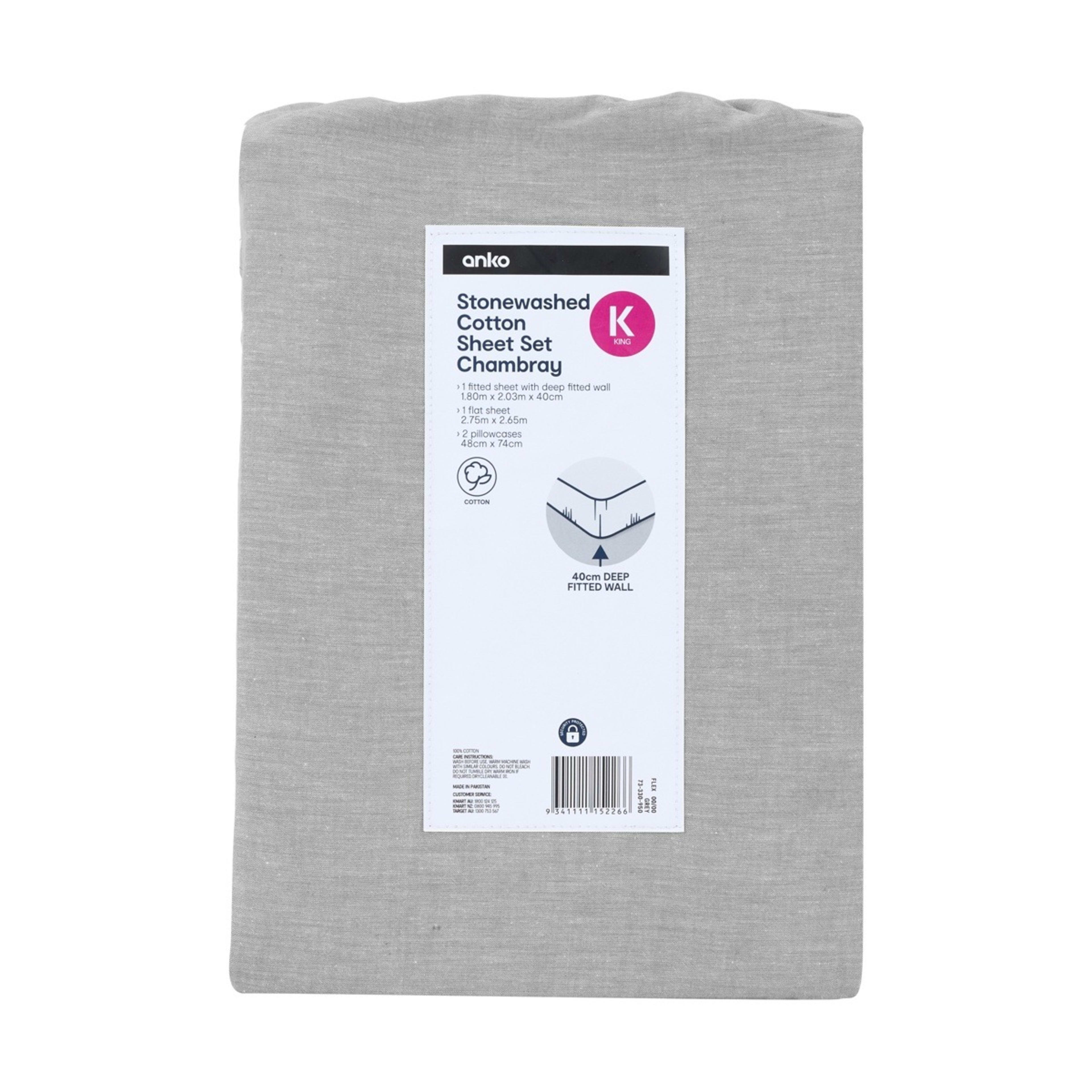 7 Stonewashed Chambray Cotton Sheet Set - King Bed, Grey, 7 of 7