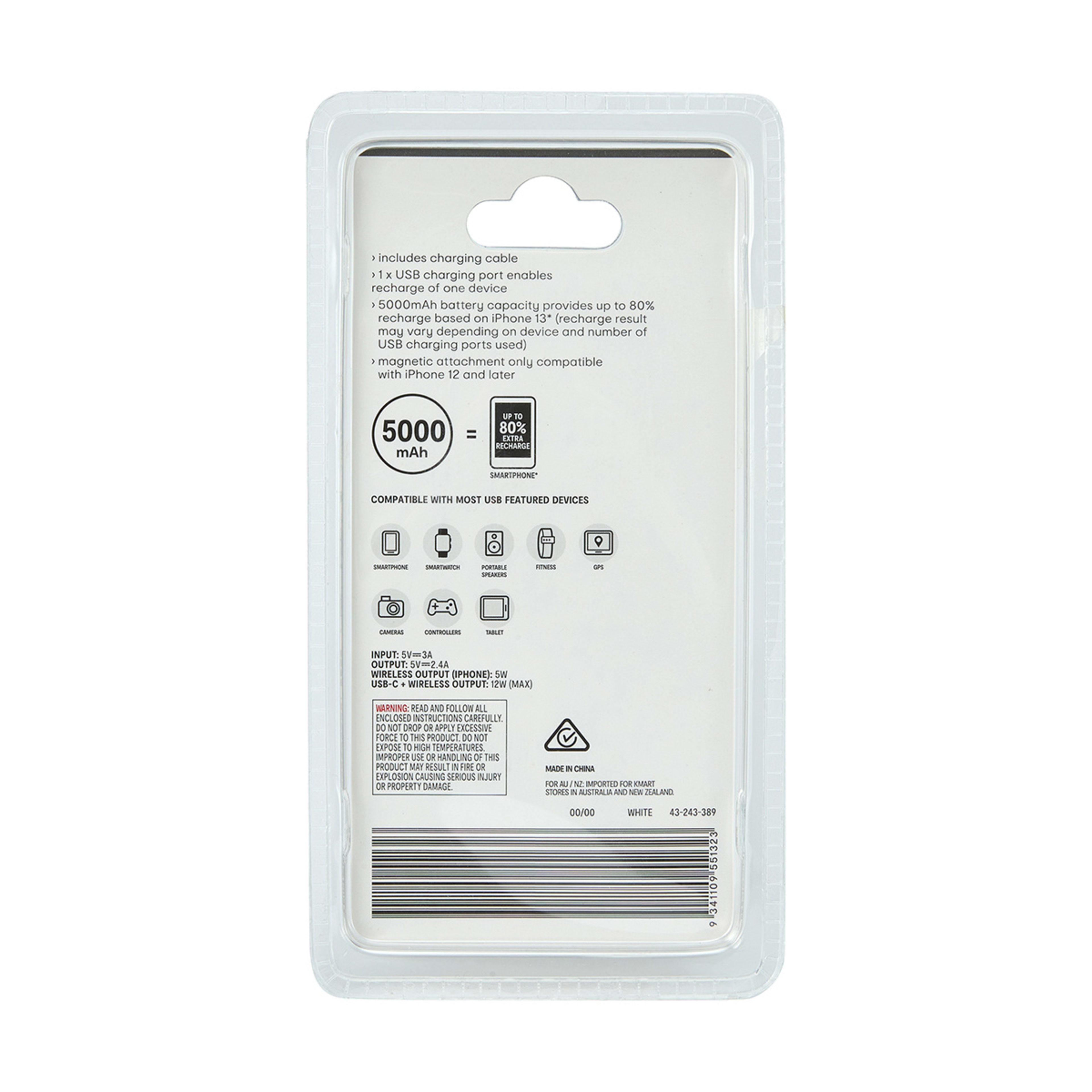 5W 5000mAh Wireless and Portable Charger White Kmart